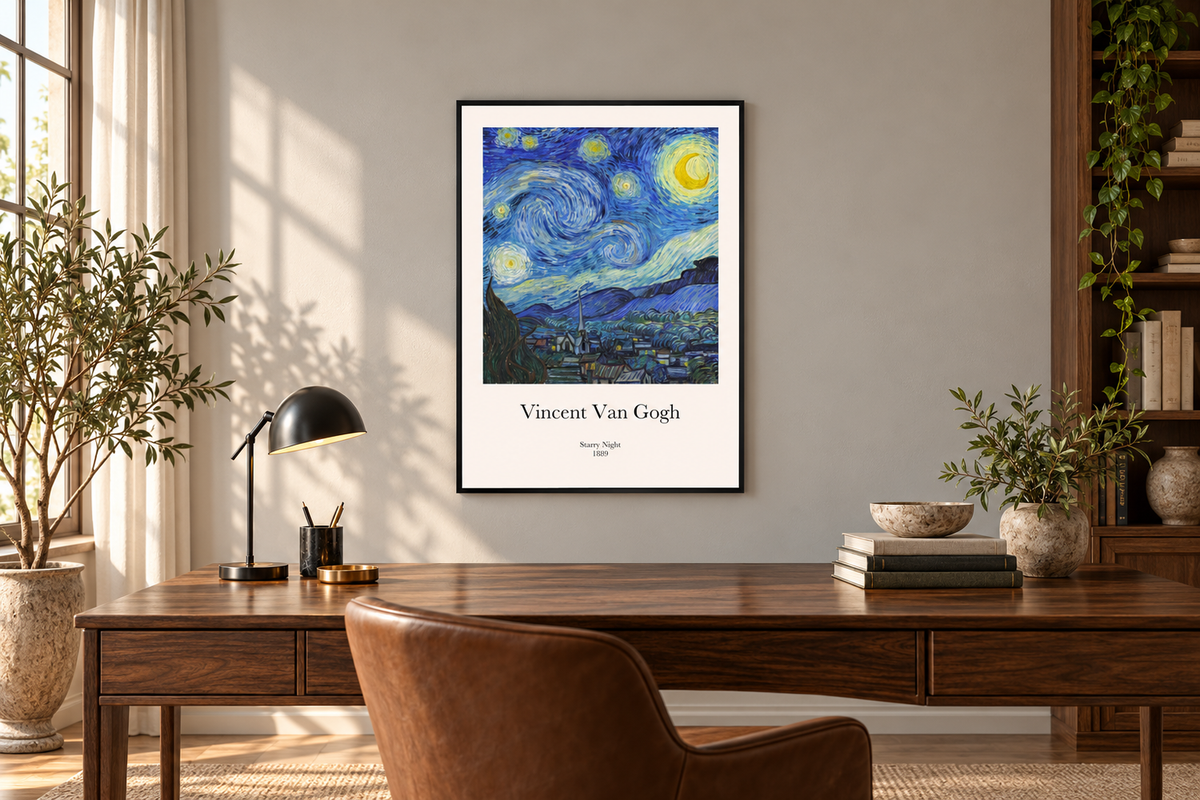 Affiche Van Gogh La Nuit étoilée encadrée, entièrement visible dans un bureau