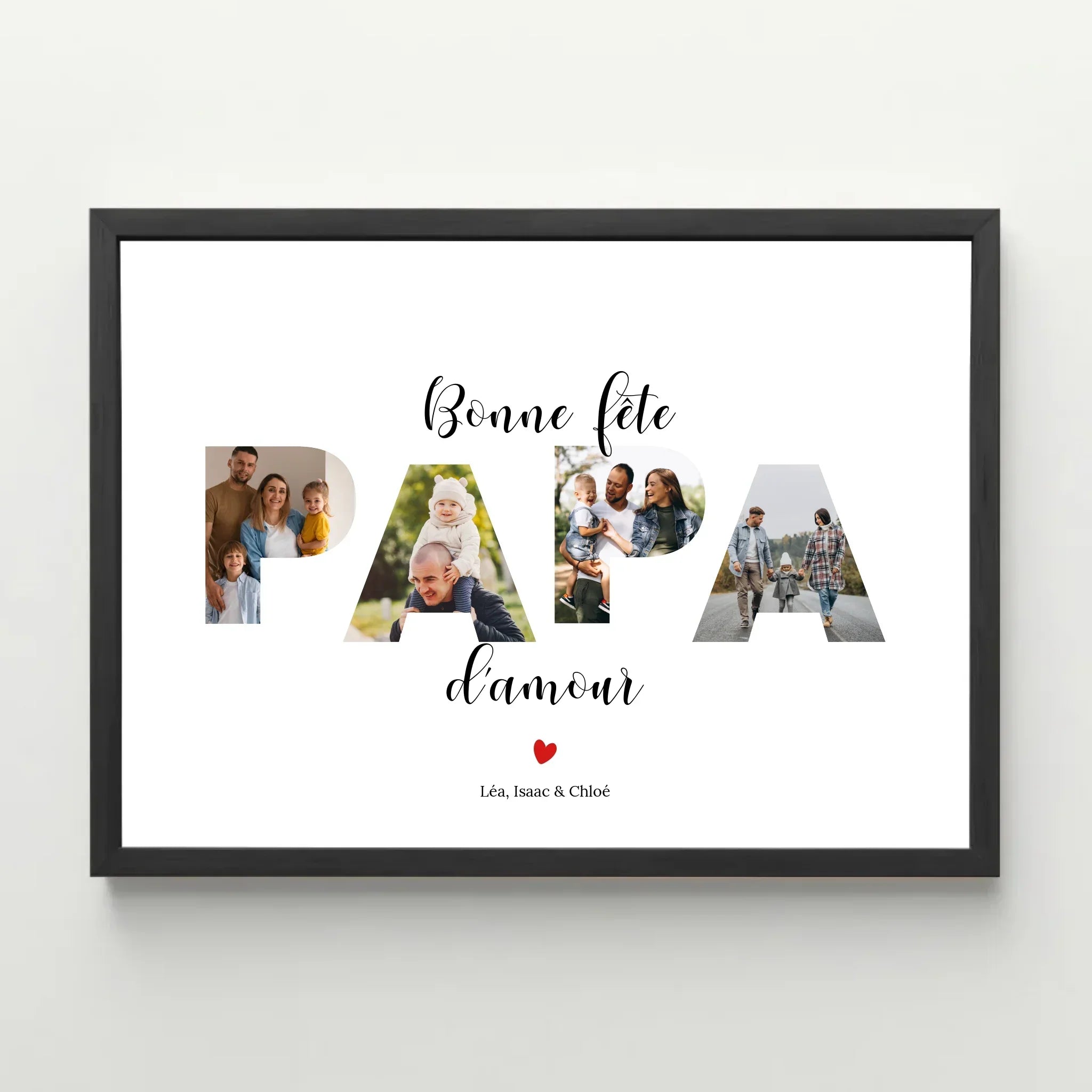 Affiche personnalisée avec photos de famille formant le mot PAPA, texte Bonne fête d&