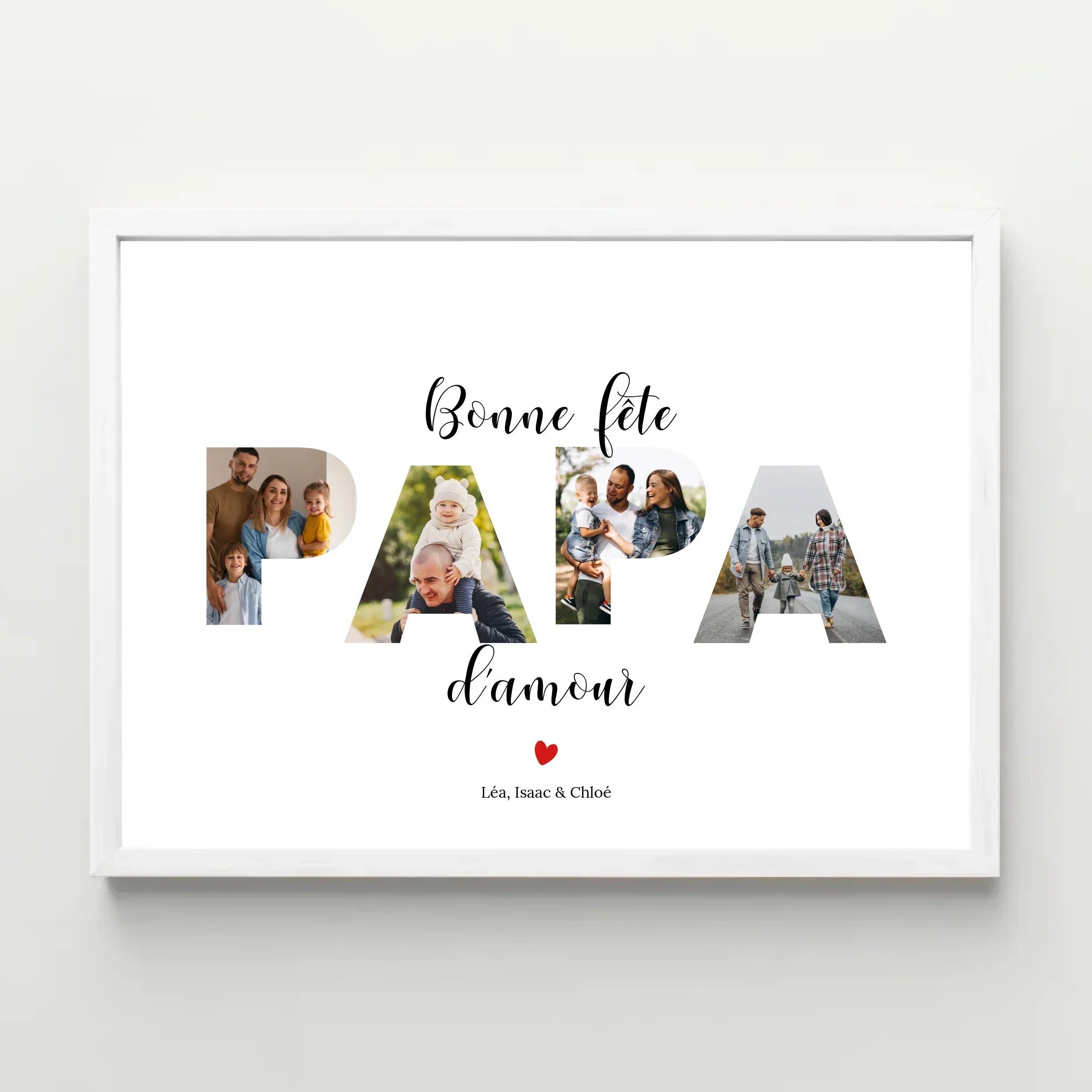 Affiche personnalisée fête des pères, collage photos famille dans le mot PAPA, texte Bonne fête d&