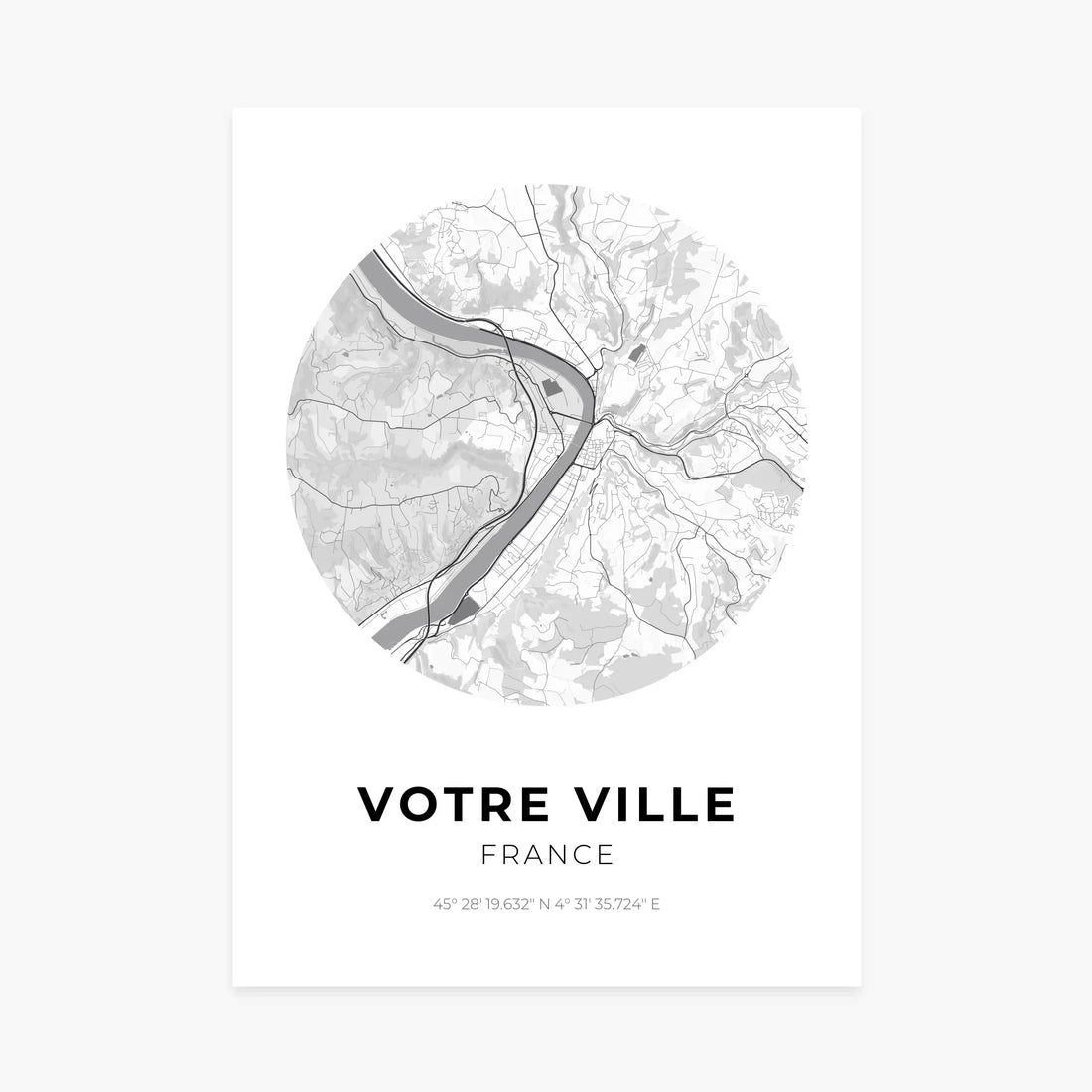 Affiche personnalisée carte de ville France en noir et blanc, coordonnées GPS décoratives
