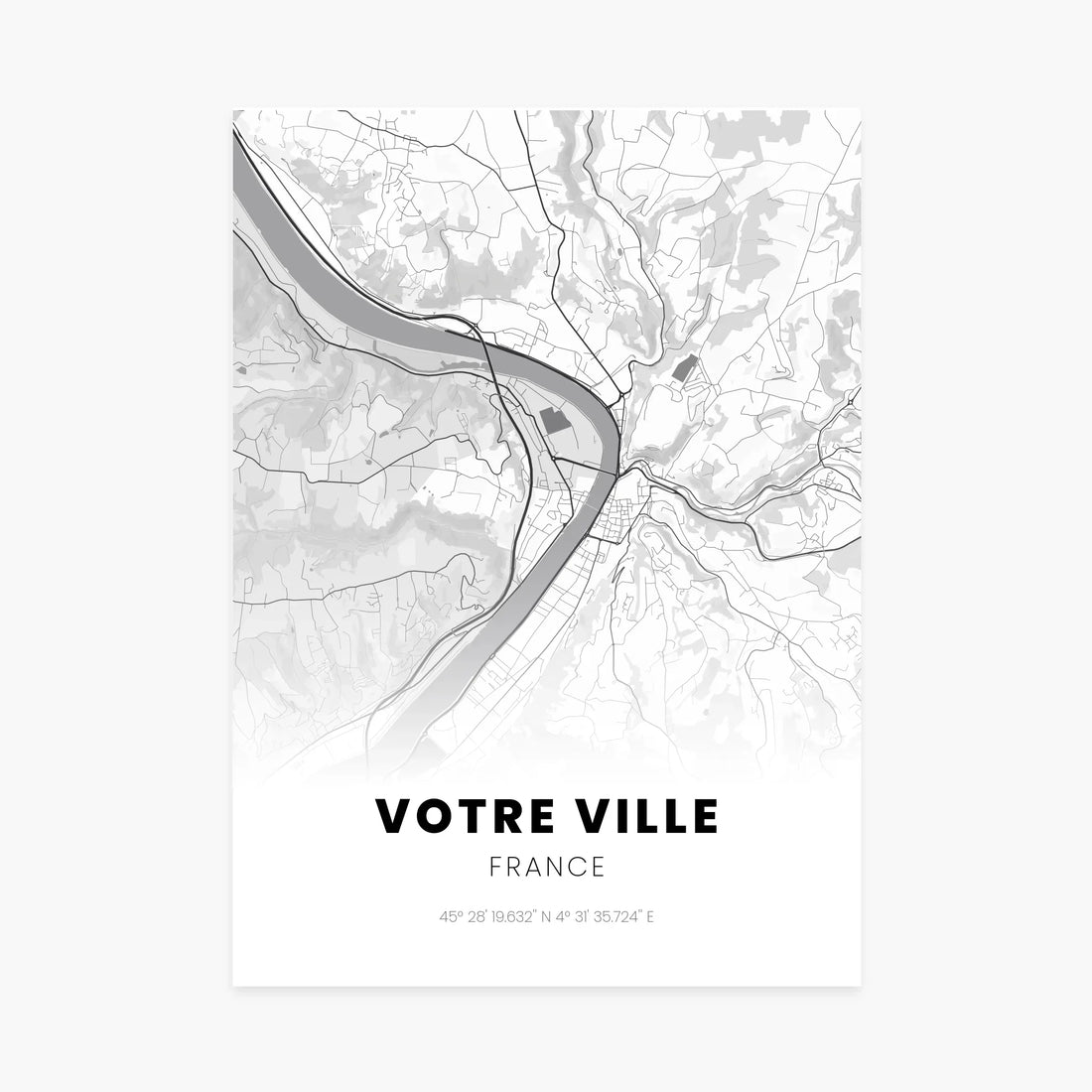 Affiche personnalisée avec carte de ville française en noir et blanc, coordonnées GPS visibles