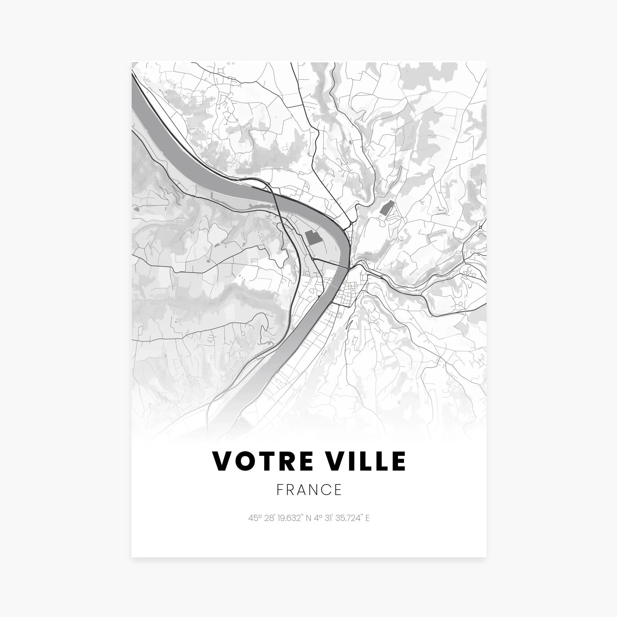 Affiche personnalisée avec carte de ville française en noir et blanc, coordonnées GPS visibles