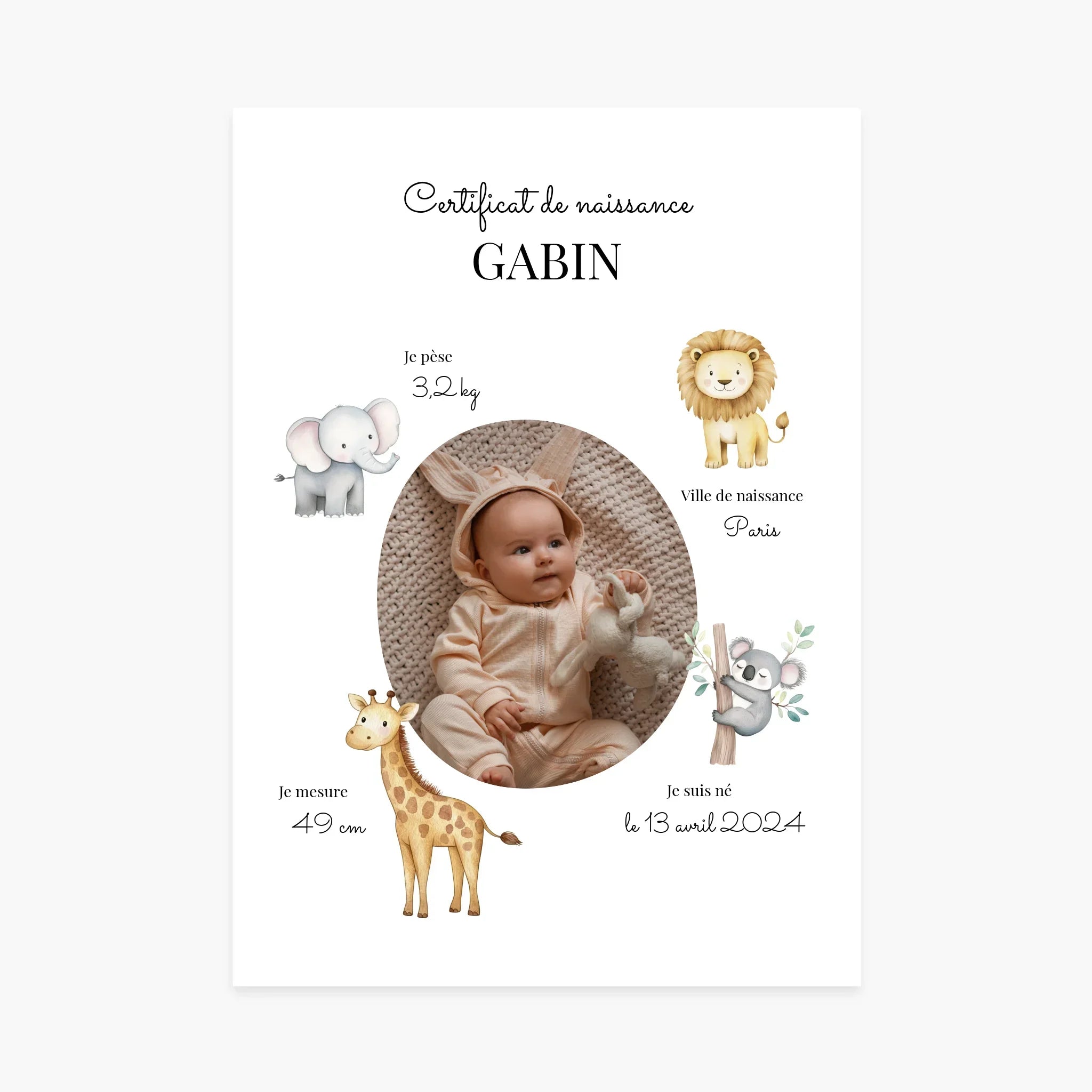 Certificat de naissance personnalisé avec photo de bébé, animaux mignons et détails de naissance.