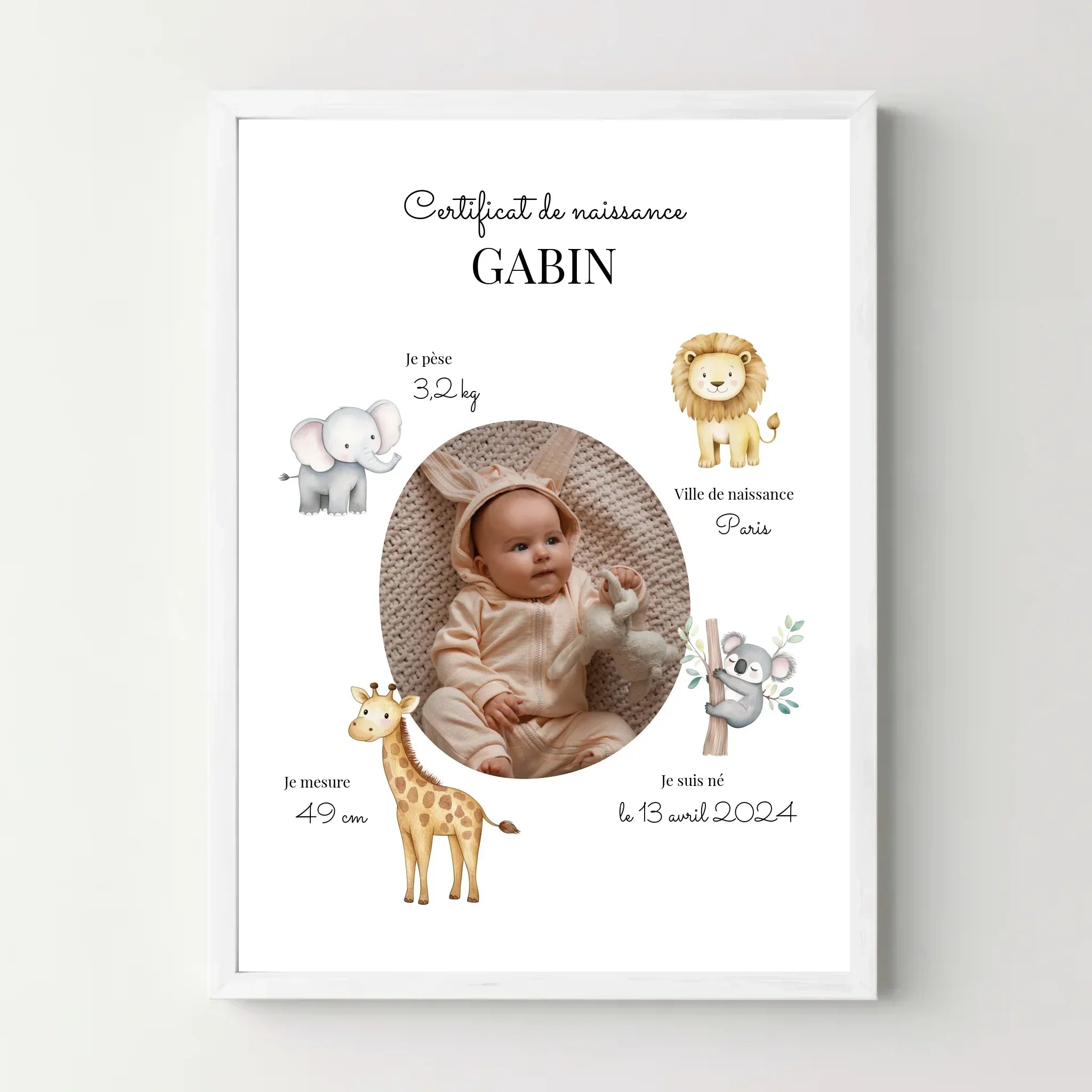 Affiche naissance personnalisée avec photo bébé, animaux mignons, informations naissance, cadre blanc.
