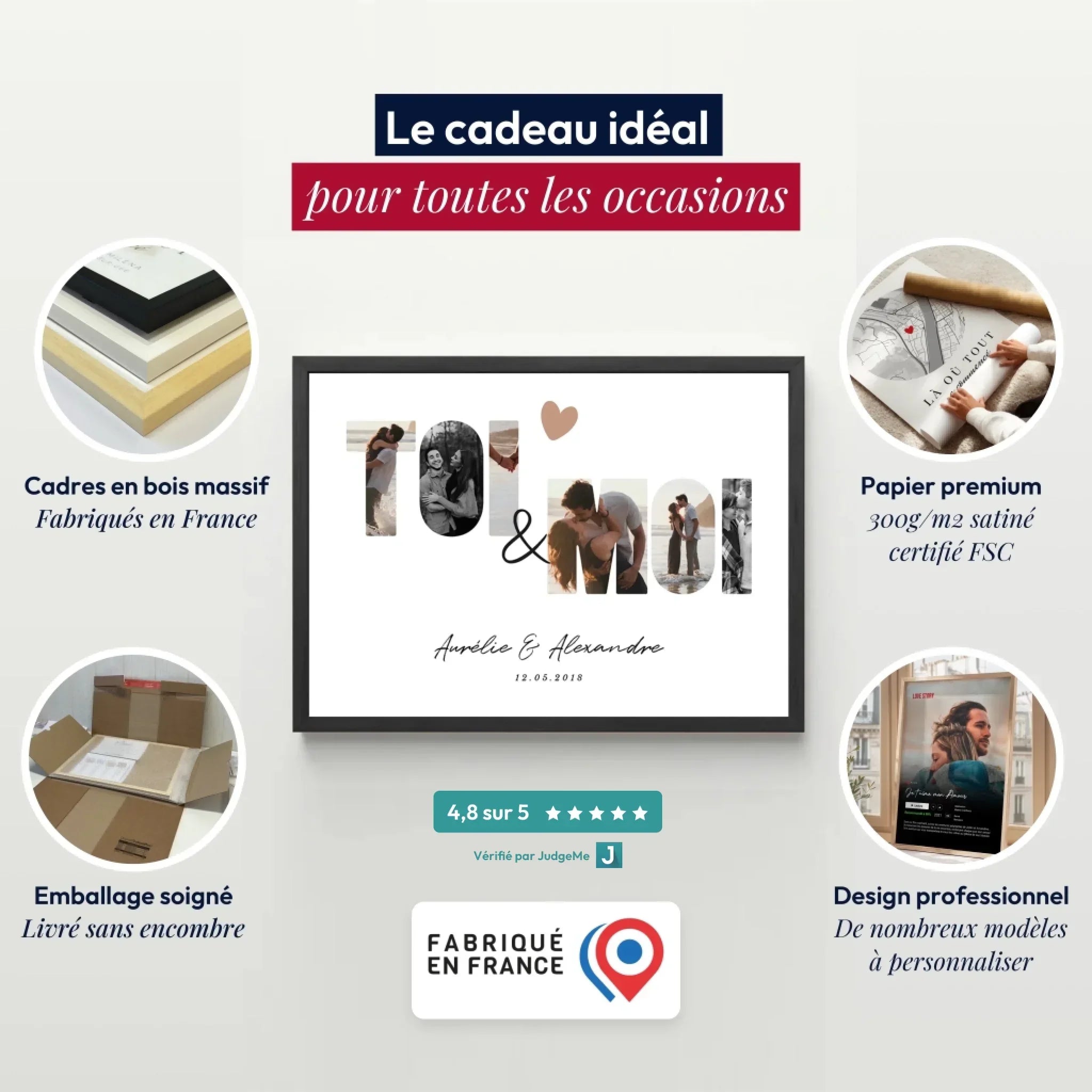 Affiche personnalisée encadrée, fabriquée en France, avec photos et texte, matériaux premium.