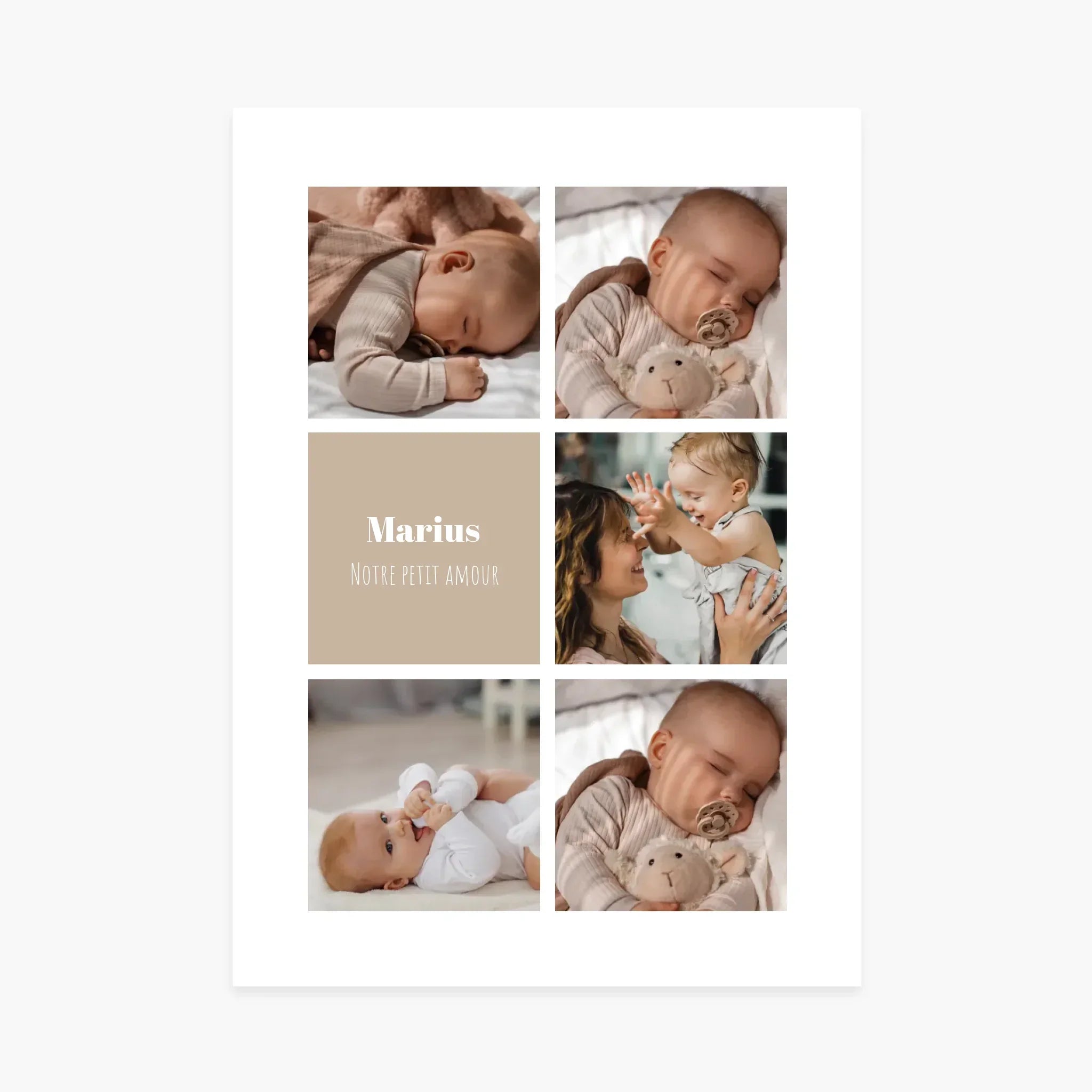 Affiche personnalisée collage photos bébé, moments tendres, cadeau naissance décor enfant.