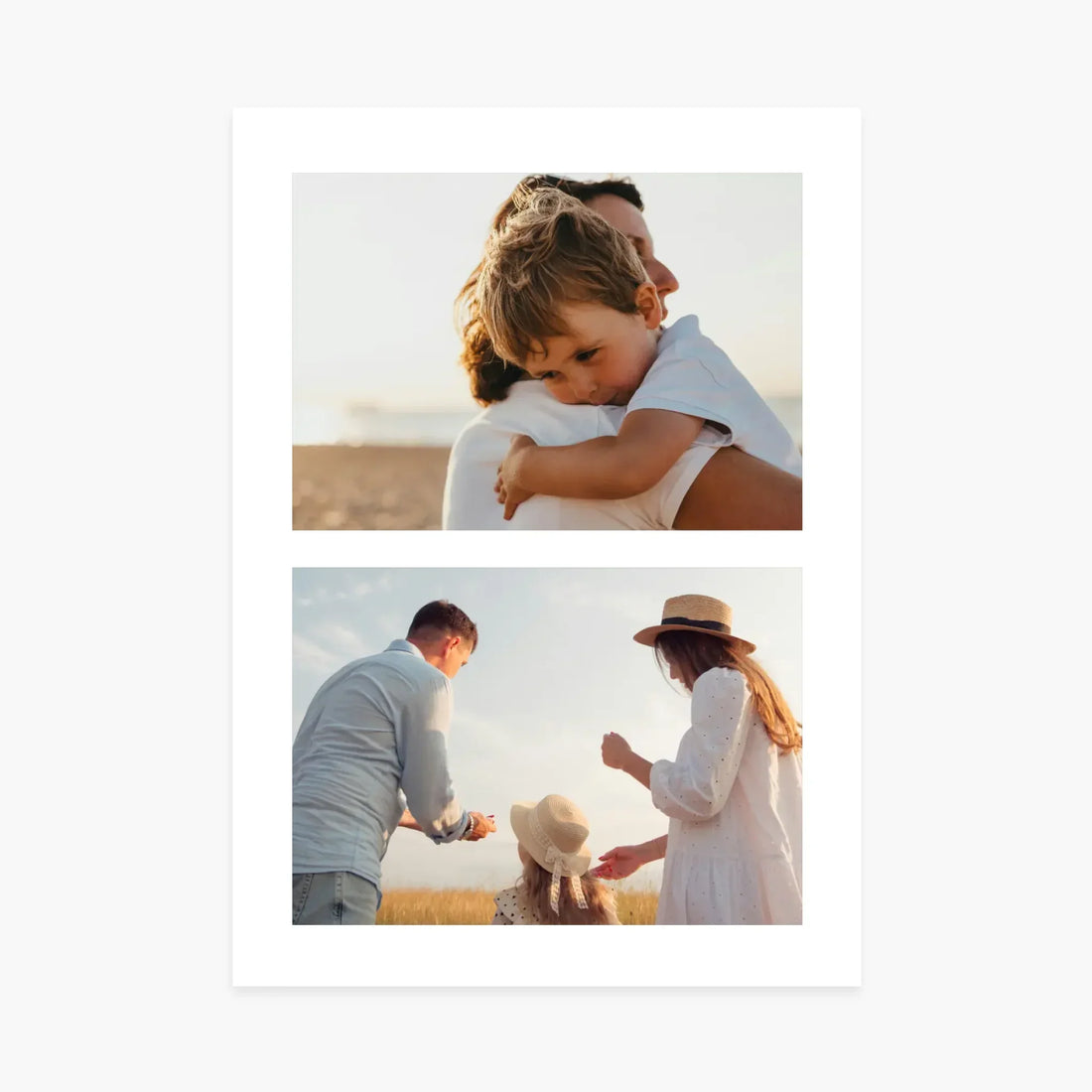 Affiche personnalisée avec photos de famille, moment câlin et balade en plein air, cadeau décoratif.