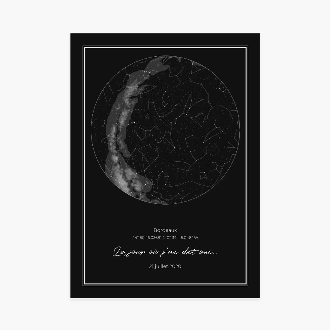 Affiche personnalisée ciel étoilé noir, constellation sur fond sombre, texte Bordeaux et date, cadeau décoratif