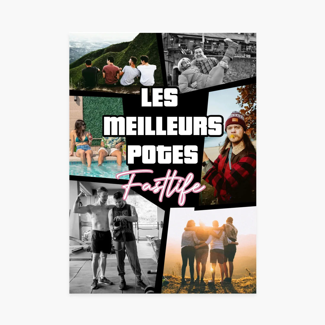 Affiche collage d’amitié avec groupes d’amis, nature, piscine, texte Les Meilleurs Potes Fastlife