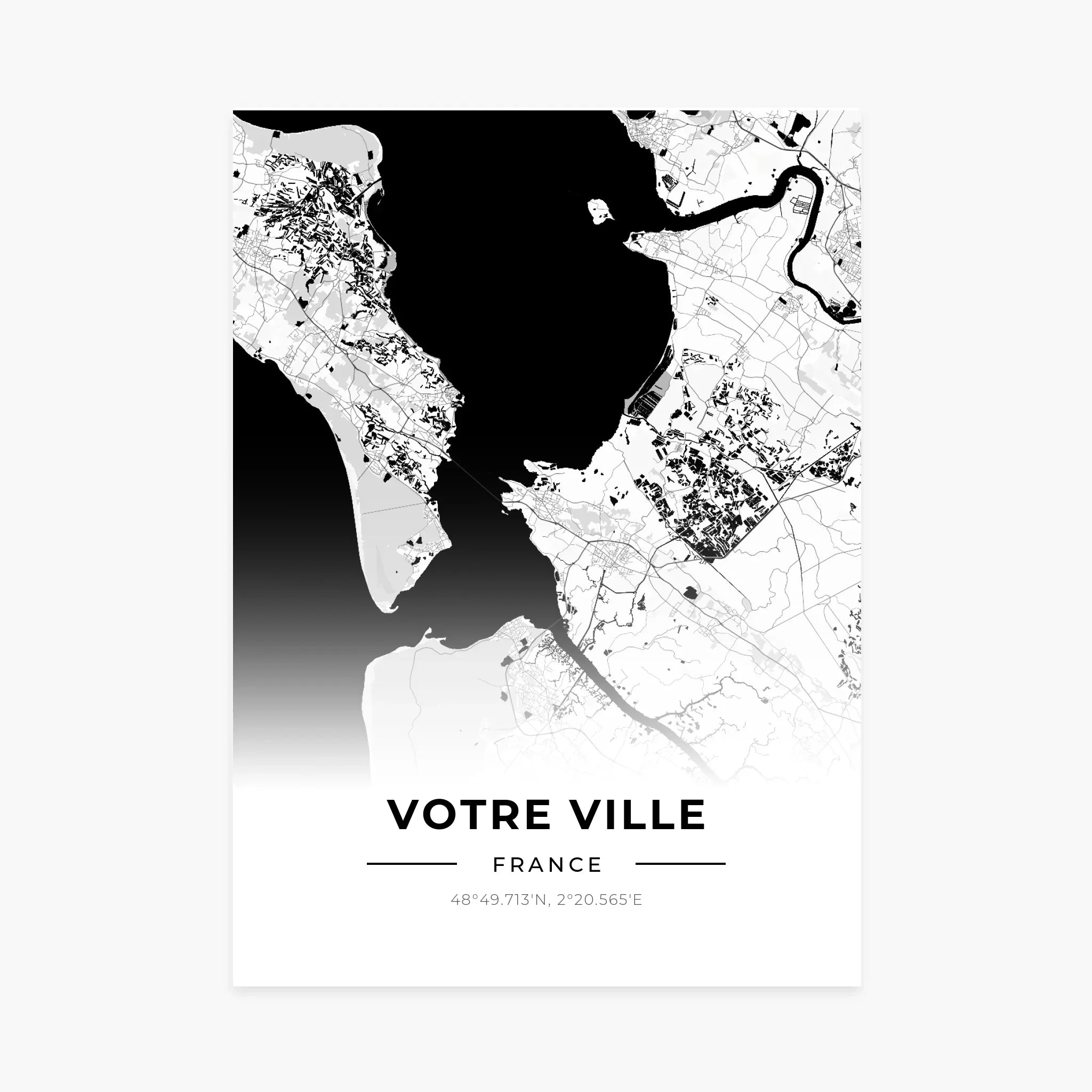 Affiche personnalisée carte de ville en noir et blanc avec coordonnées géographiques