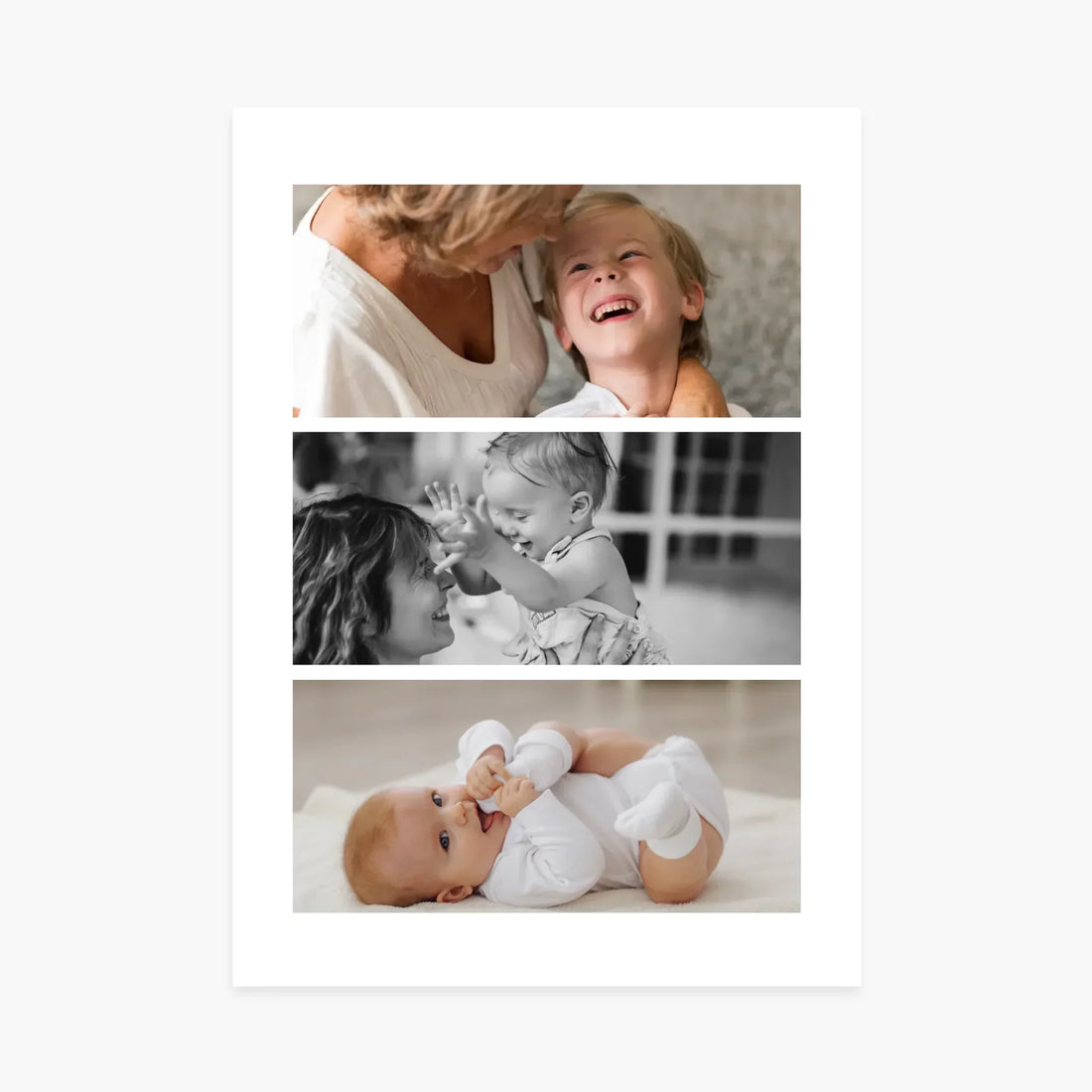 Affiche personnalisée avec trois photos, moments tendres entre enfants et adultes, déco murale.