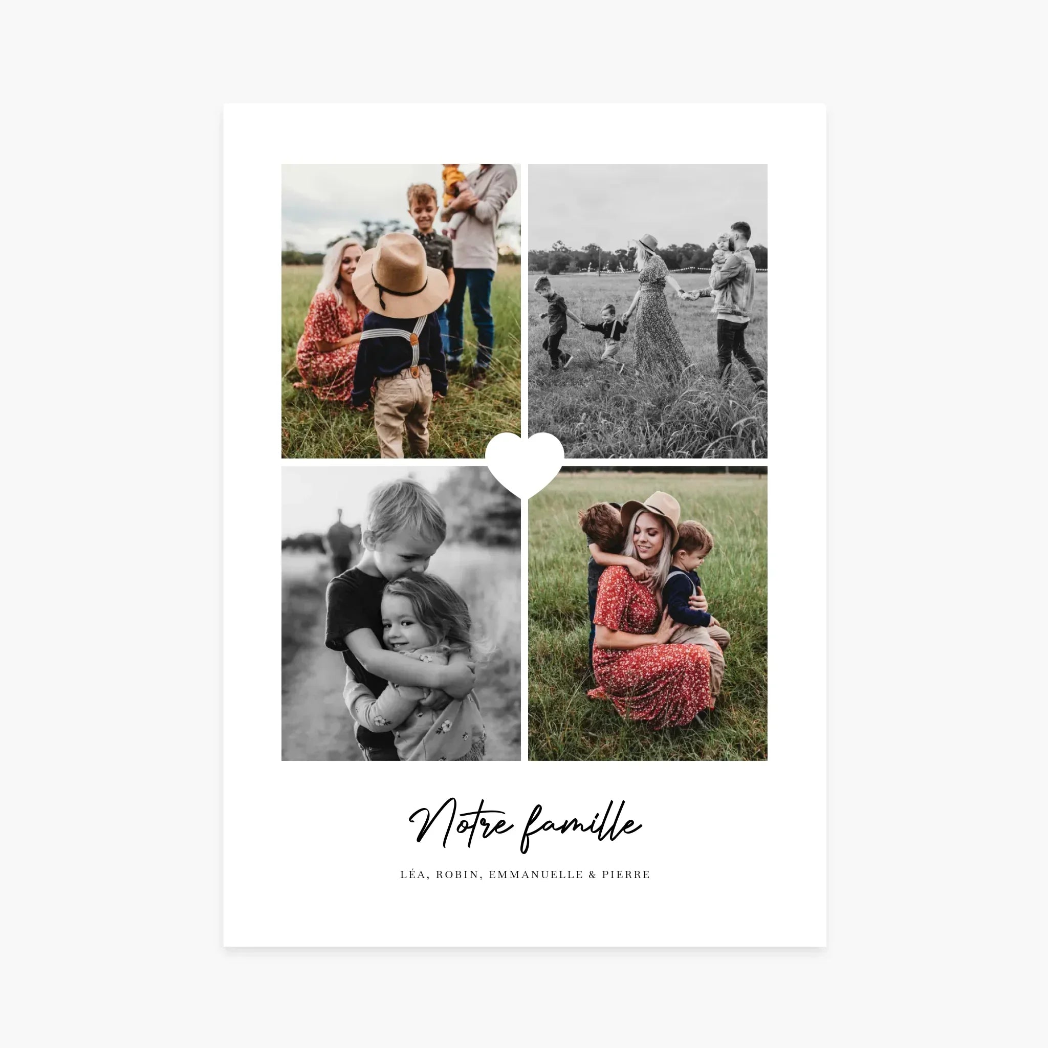 Affiche collage photo famille personnalisée, portraits en extérieur sur fond nature, texte Notre famille