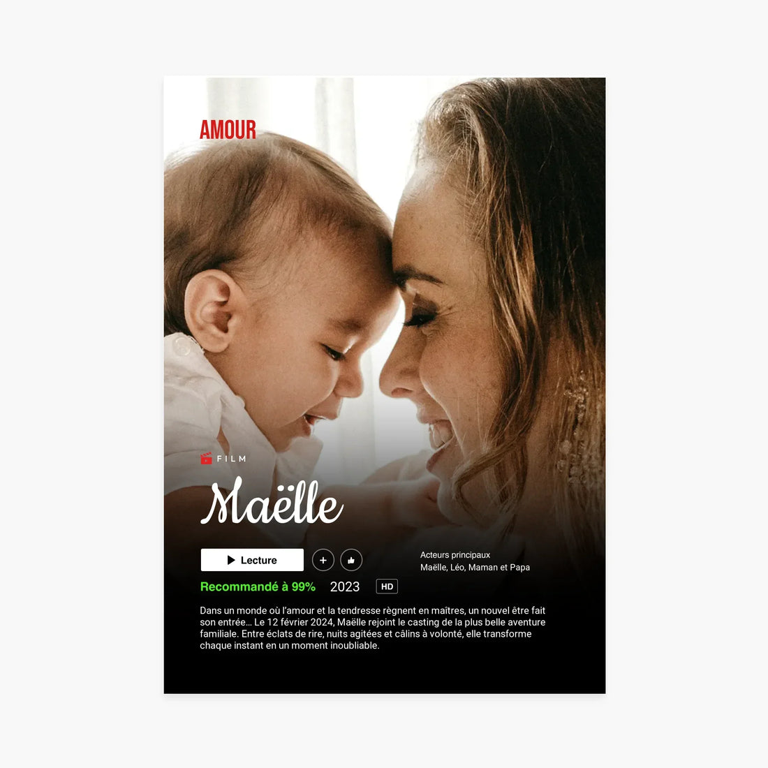 Affiche personnalisée avec une mère souriante touchant front contre front son bébé, ambiance tendre et familiale.