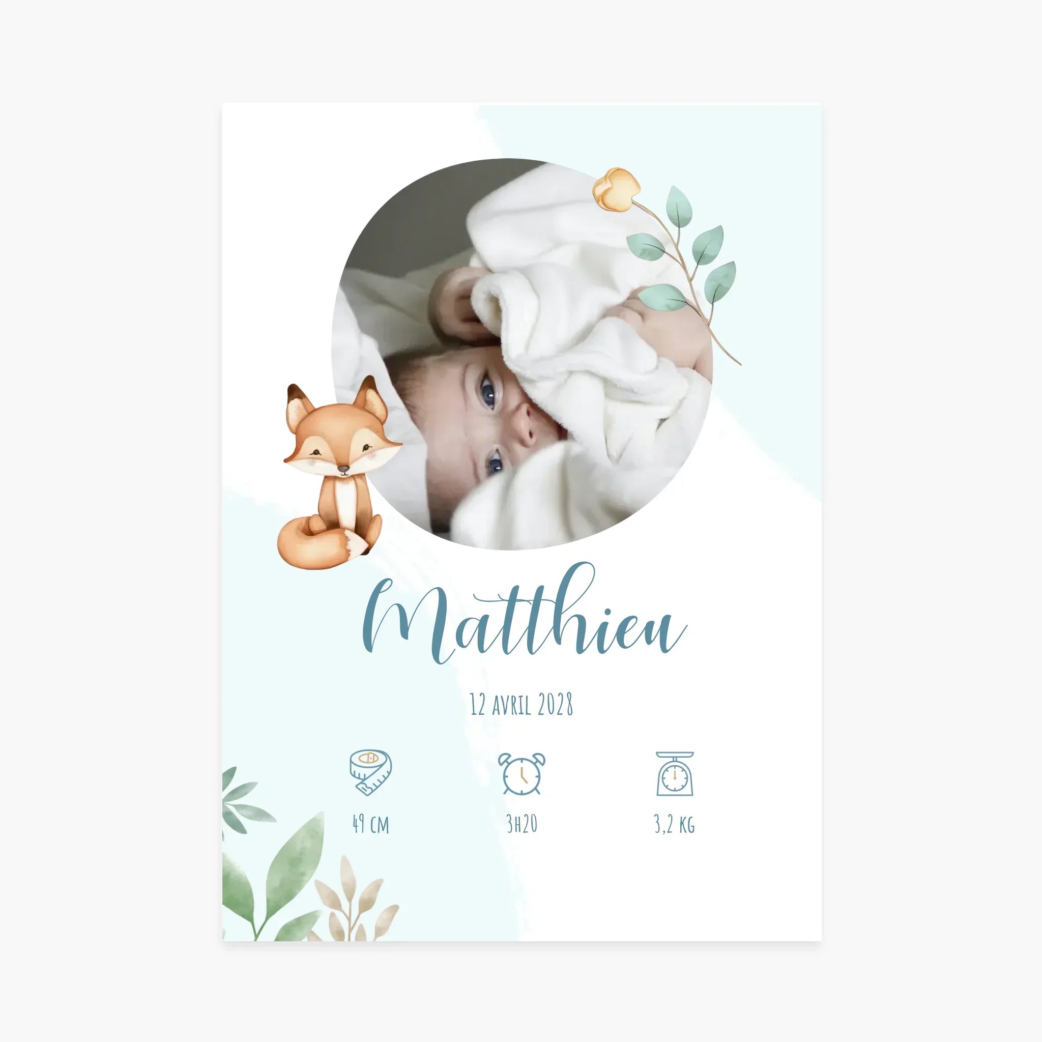 Affiche naissance personnalisée bébé, motif renard, photo et prénom, décorations nature
