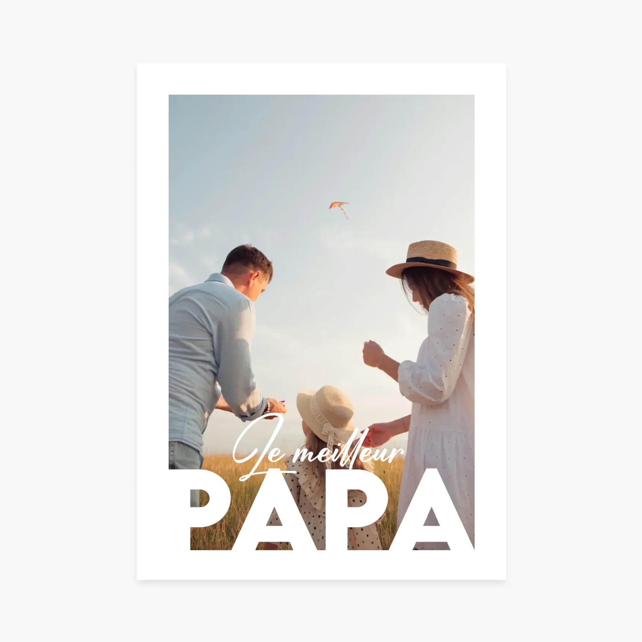 Affiche famille champ, papa maman enfant chapeau, cerf-volant, texte Le meilleur papa