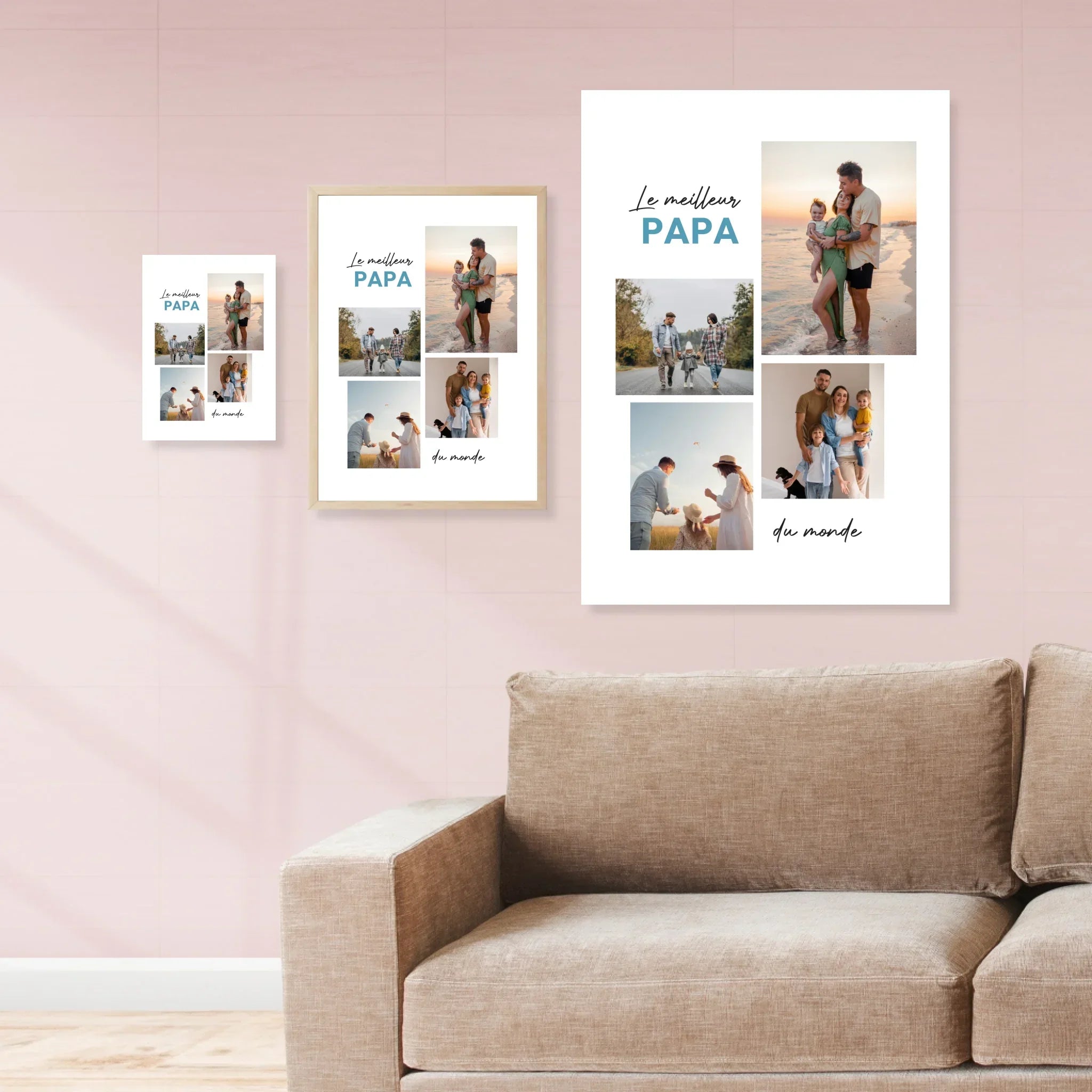 Affiches personnalisées avec photos de famille et texte Le meilleur papa du monde, accrochées au mur d&