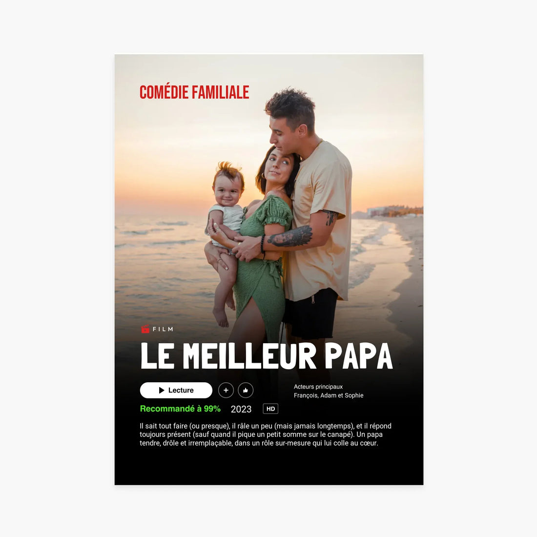 Affiche personnalisée famille sur la plage au coucher du soleil, texte Le Meilleur Papa, cadeau original