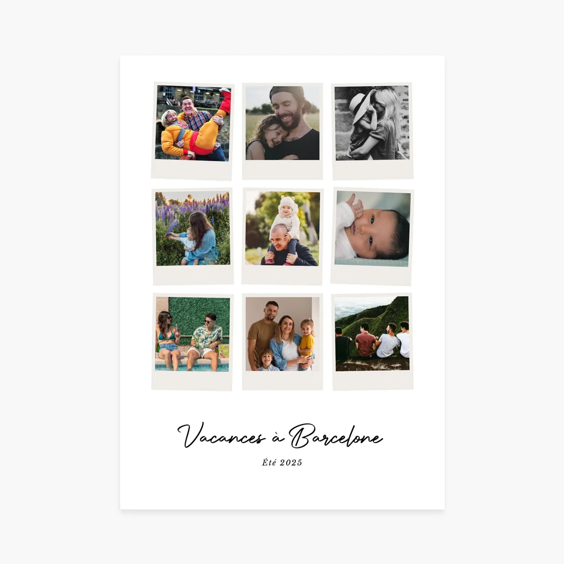 Affiche personnalisée collage photos de famille et amis, texte Vacances à Barcelone, été 2025