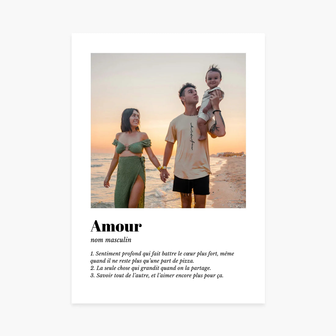 Affiche personnalisée famille sur la plage au coucher du soleil, texte définition amour