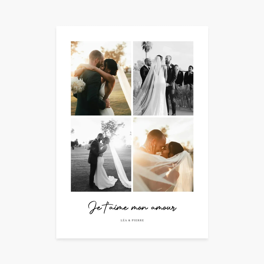 Affiche personnalisée mariage avec collage photo de couple, motif Je t&