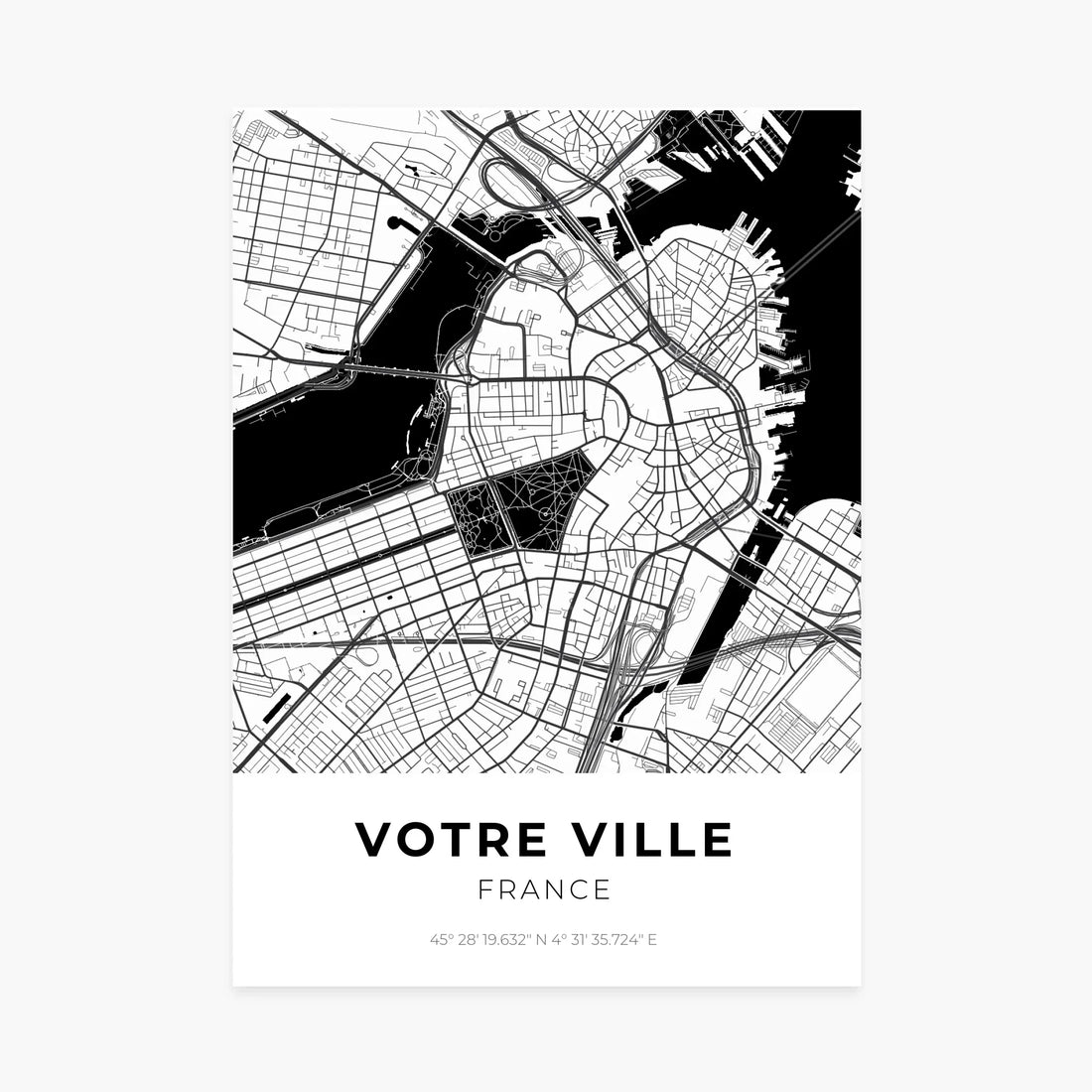 Affiche personnalisée plan de ville en noir et blanc avec coordonnées GPS, décoration murale