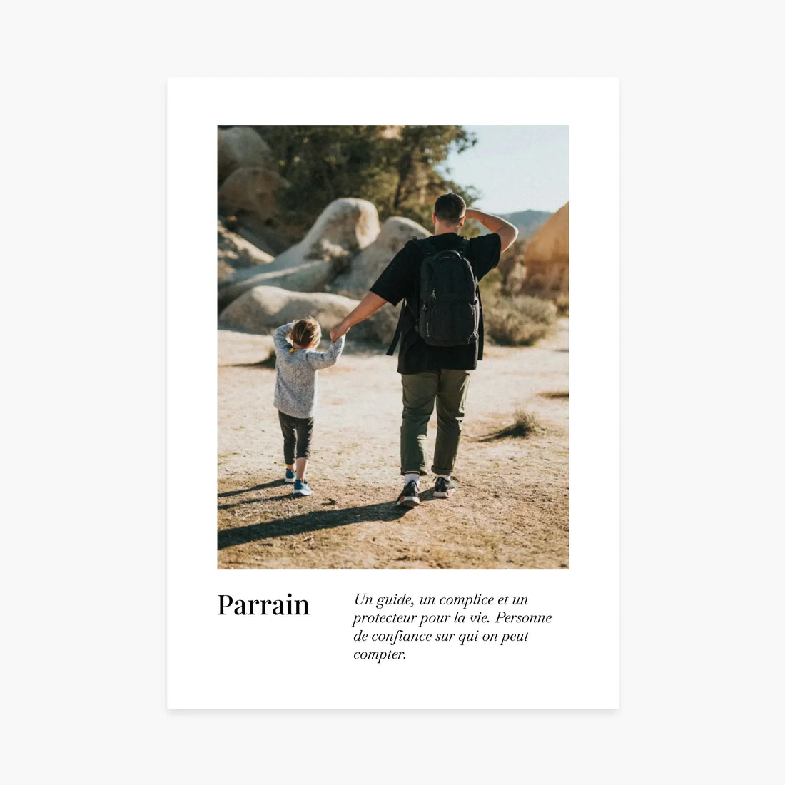 Affiche personnalisée parrain, adulte et enfant marchant main dans la main en plein air