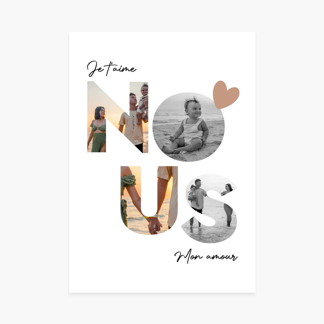 Affiche personnalisée avec photos de famille et texte Je t’aime, Mon amour, décor cœur.