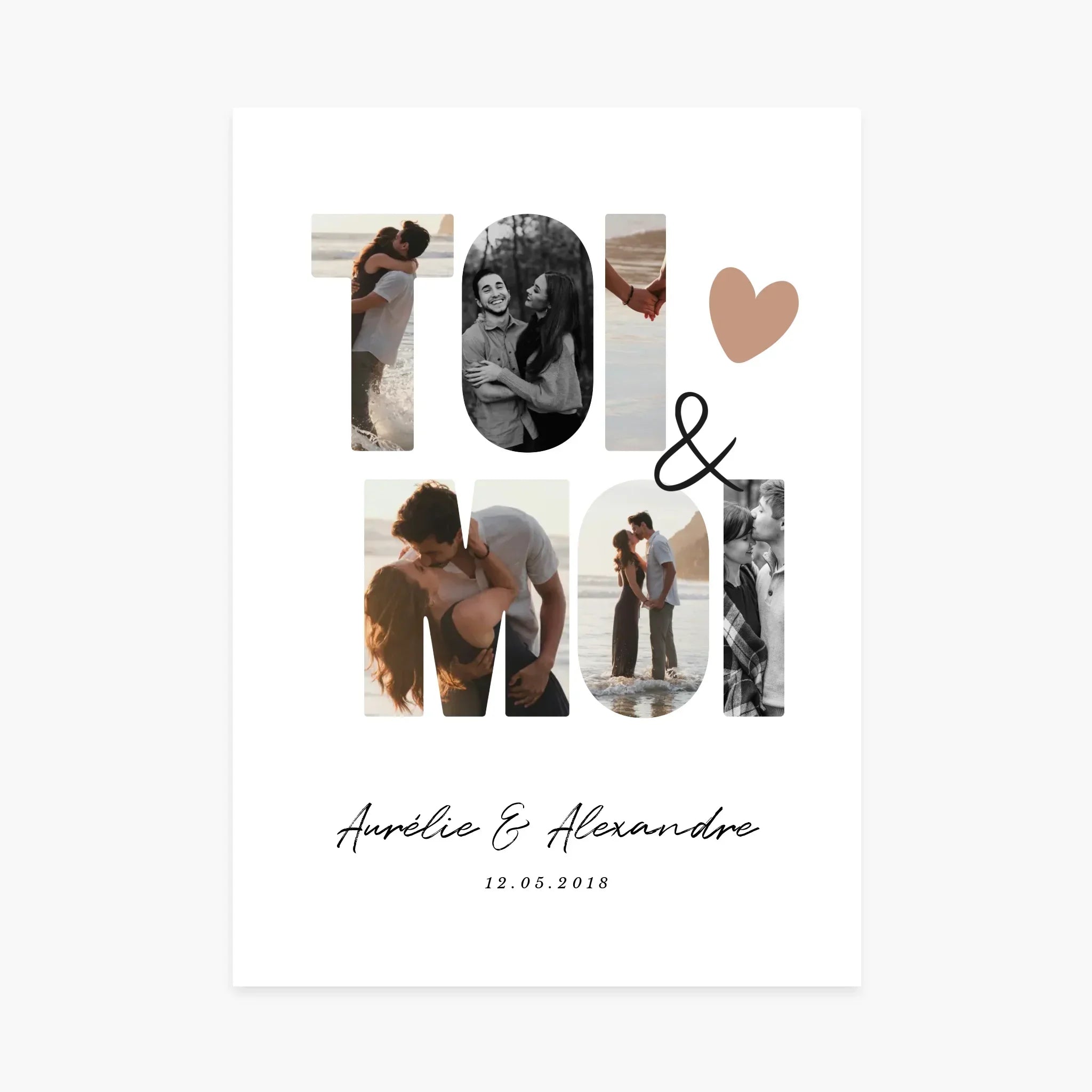 Affiche personnalisée, collage photo couple amoureux texte Toi & Moi, idéal cadeau romantique.