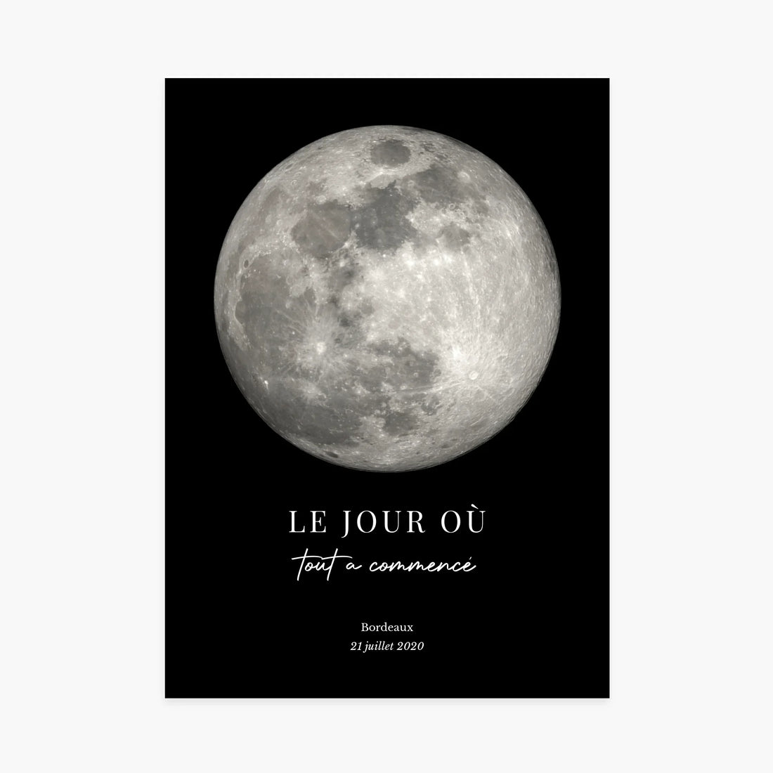 Affiche personnalisée lune pleine, date et lieu, texte Le jour où tout a commencé, fond noir