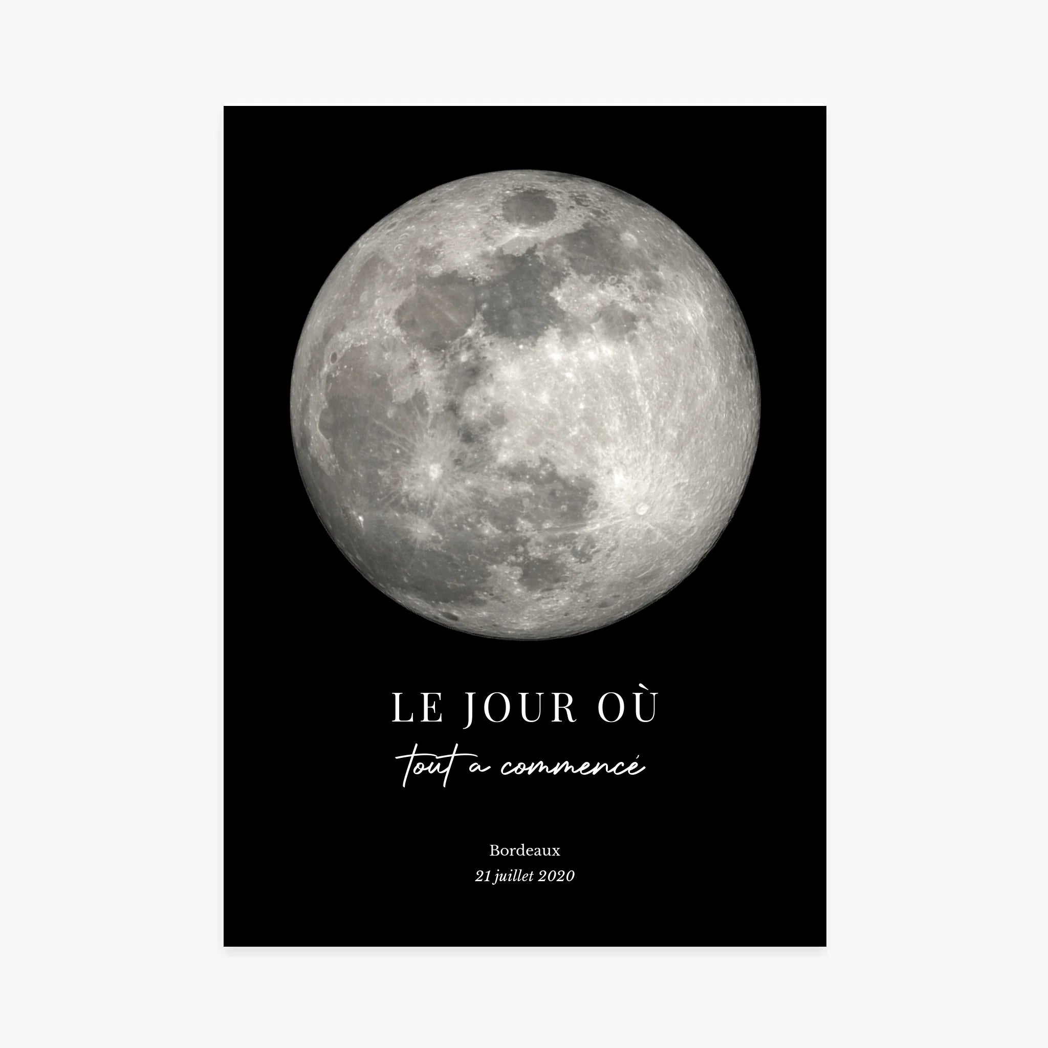Affiche personnalisée lune pleine, date et lieu, texte Le jour où tout a commencé, fond noir