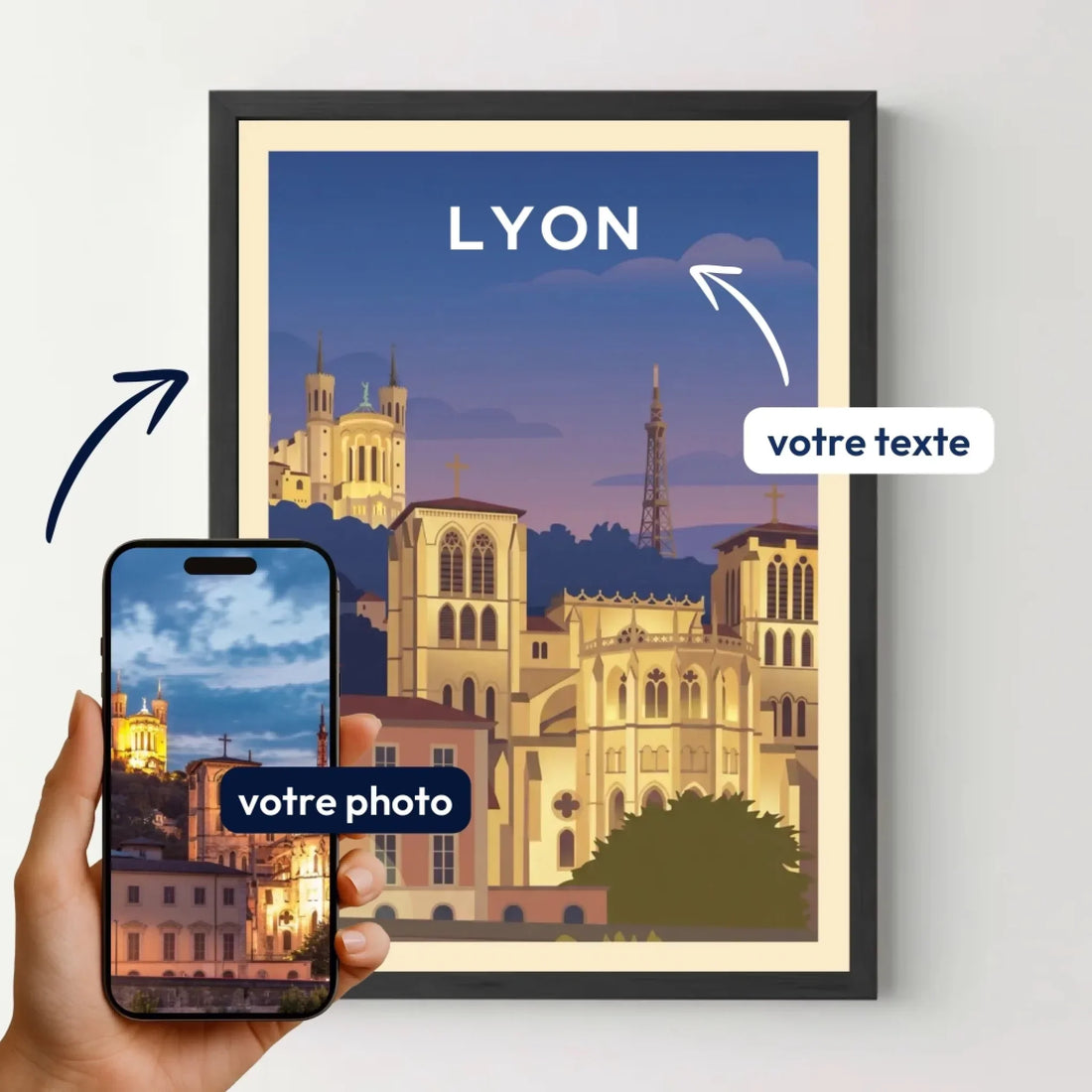 Affiche personnalisée Lyon, illustration de monuments, ajout photo et texte au choix