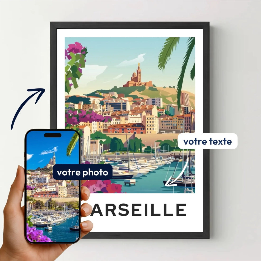 Affiche personnalisée Marseille illustrée avec texte, inspiration photo souvenir, port et paysage coloré.