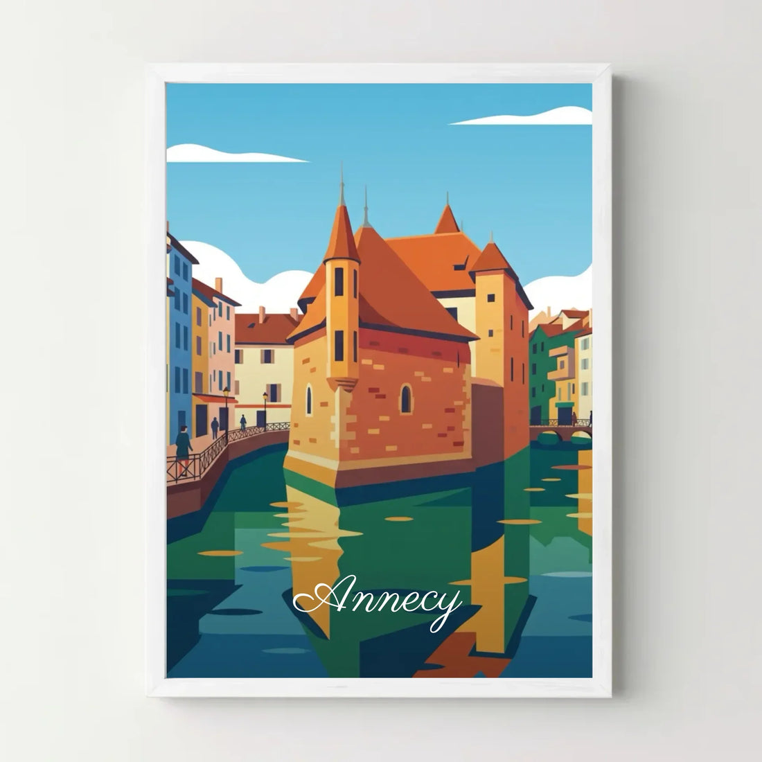 Affiche décorative Annecy, illustration colorée du Palais de l’Isle et canal.