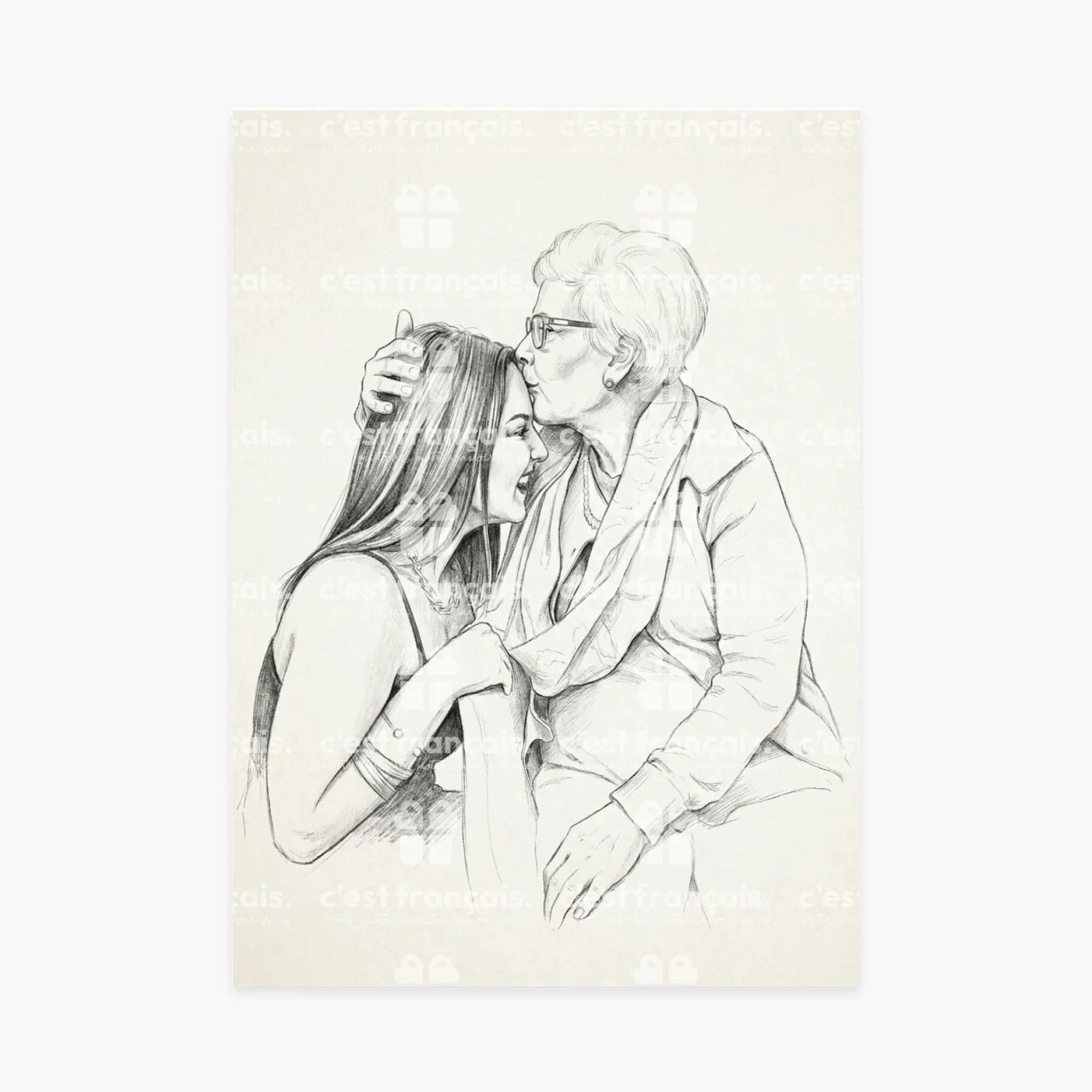 Dessin au crayon d’une grand-mère embrassant sa petite-fille, affiche cadeau famille personnalisée.