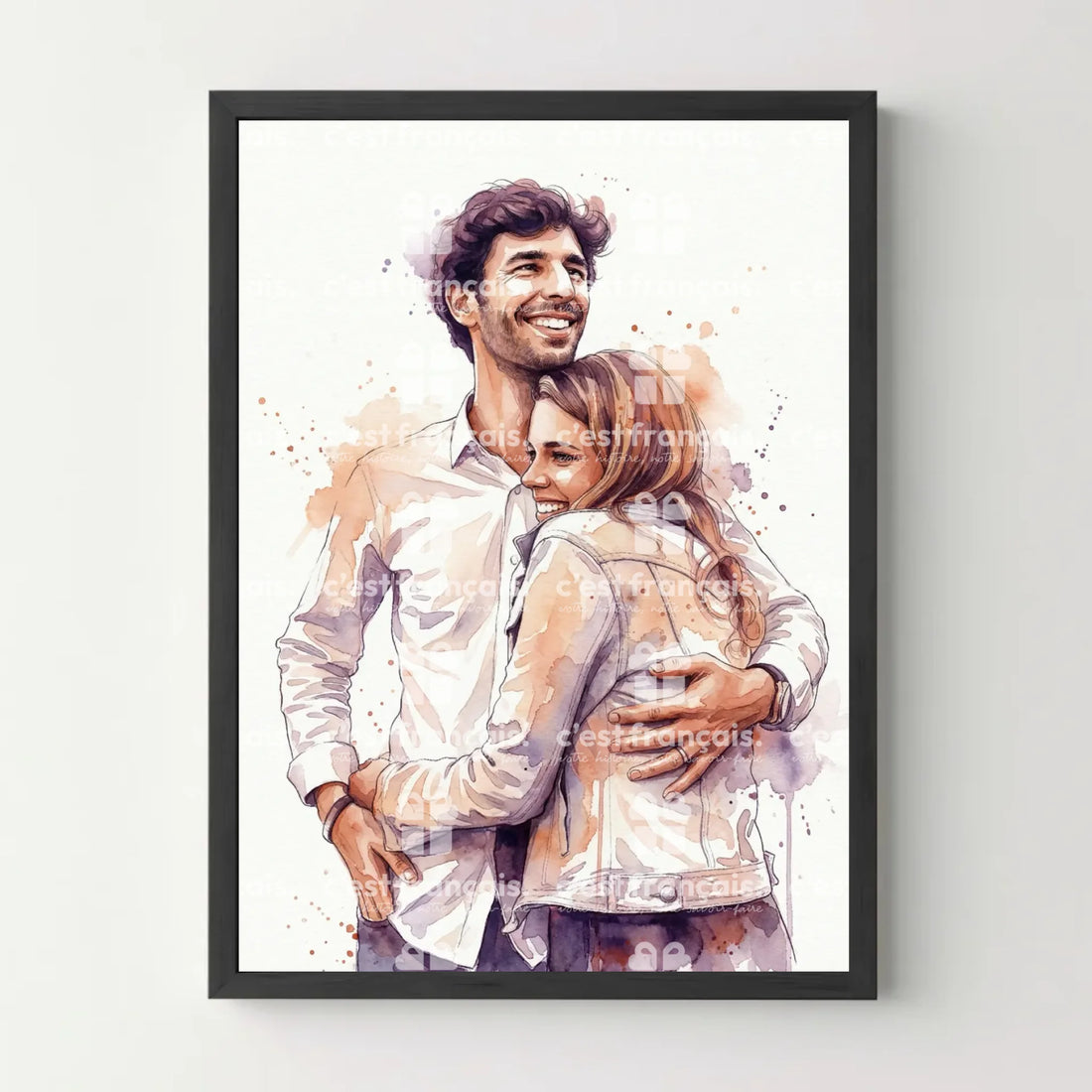 Affiche personnalisée aquarelle d’un couple souriant enlacé, décoration murale moderne