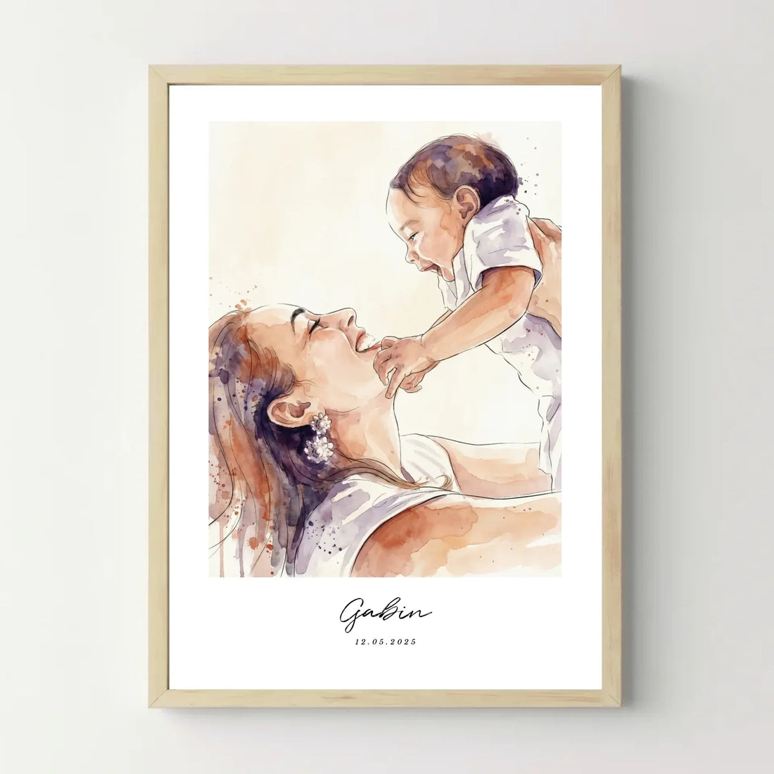 Affiche personnalisée aquarelle maman et bébé, cadre bois, idée cadeau naissance
