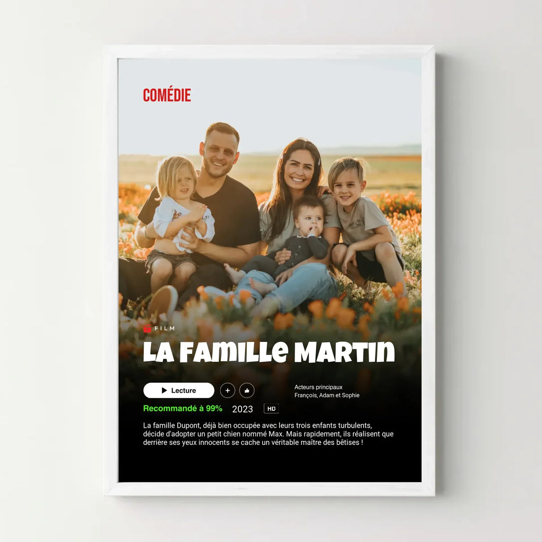 Affiche personnalisée style Netflix avec une famille de cinq personnes souriant dans un champ fleuri.