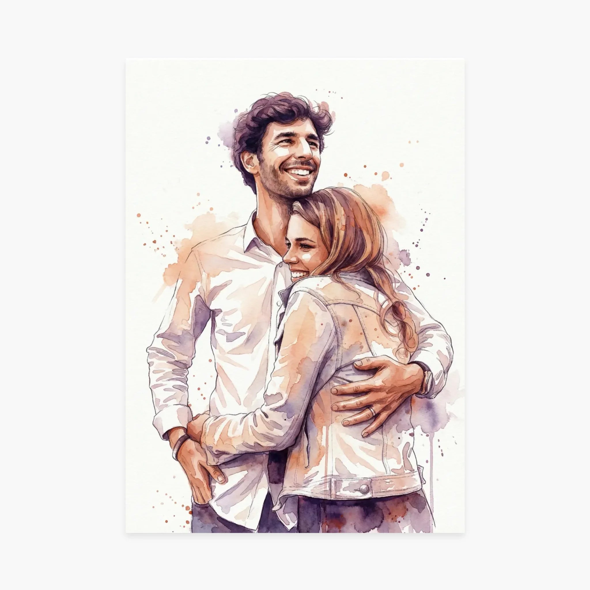 Affiche artistique d’un couple souriant enlacé, style aquarelle, idée cadeau personnalisé