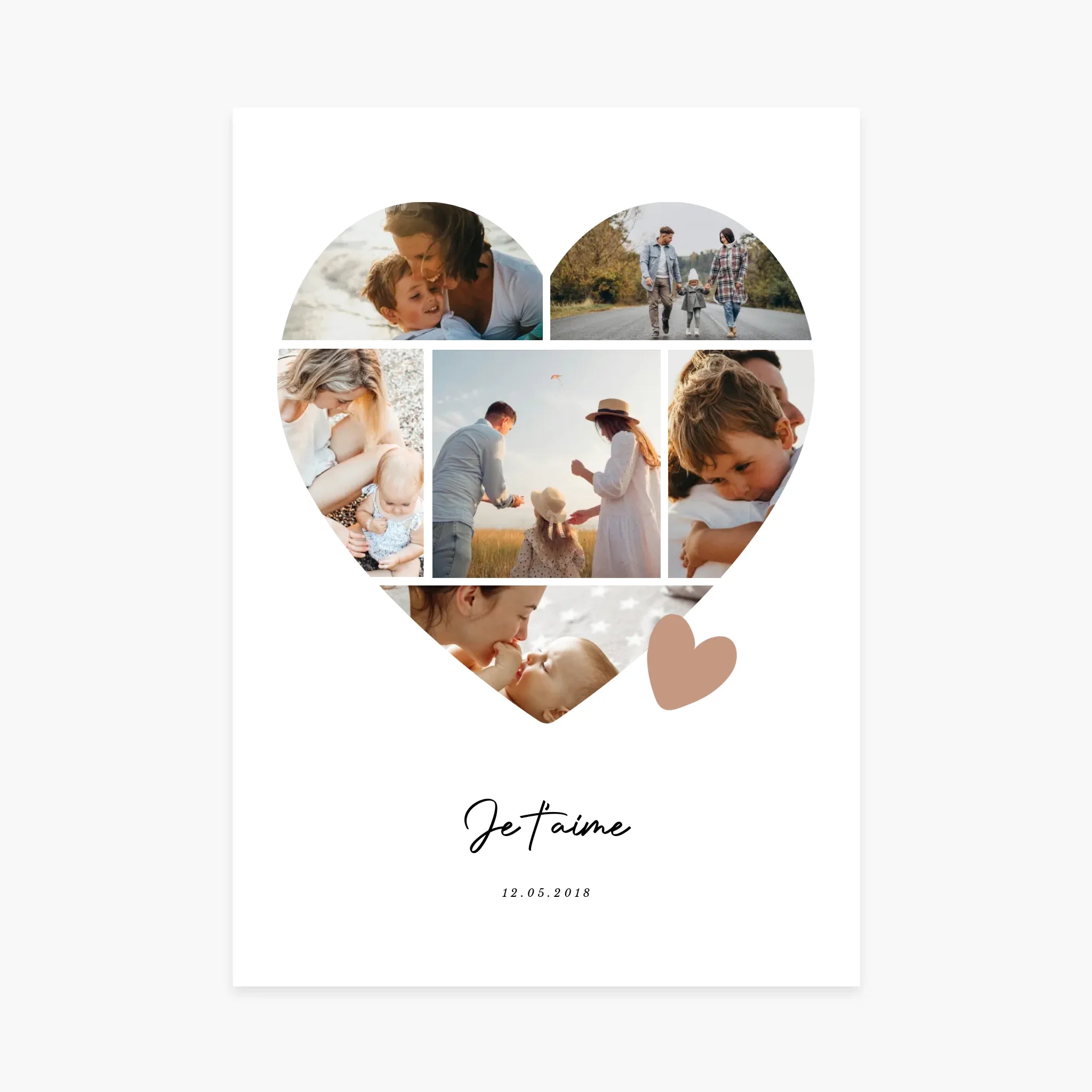 Affiche personnalisée en forme de cœur avec photos de famille, texte Je t’aime, cadeau original
