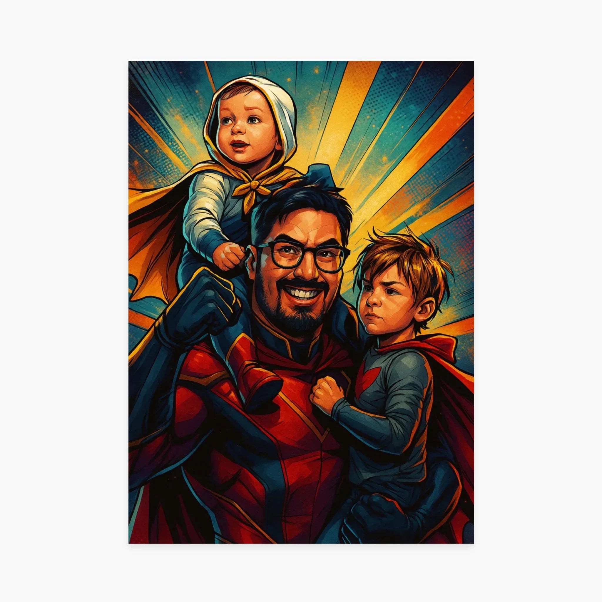 Affiche colorée de père et enfants en super-héros, ambiance festive et lumineuse