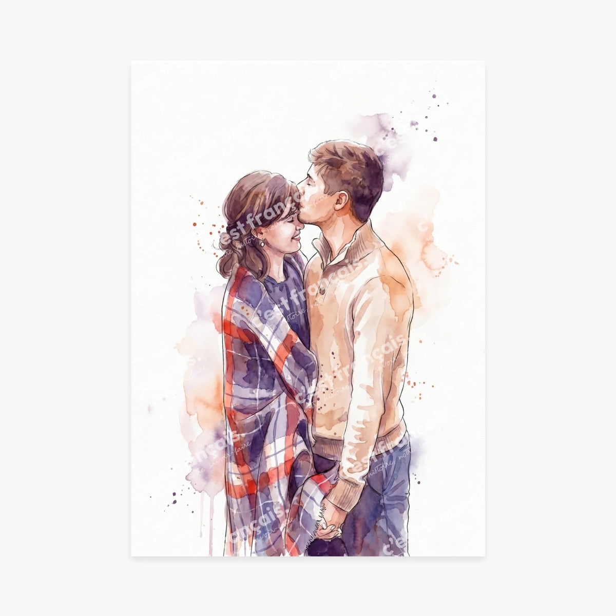 Affiche personnalisée - Votre photo en illustration aquarelle sur fond blanc, votre portrait en dessin