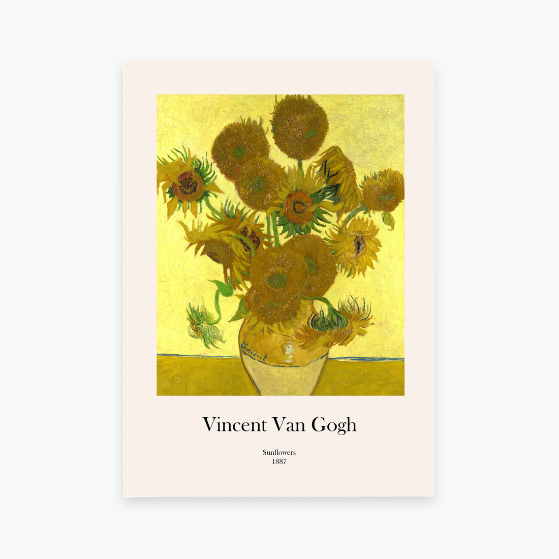 Affiche décorative tournesols dans un vase, peinture jaune emblématique, style Van Gogh.