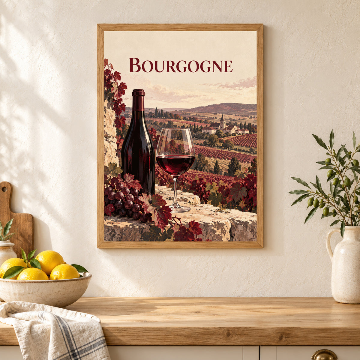 Affiche Bourgogne – Vin et vignobles – mise en situation dans une cuisine, cadre vendu selon l’option choisie
