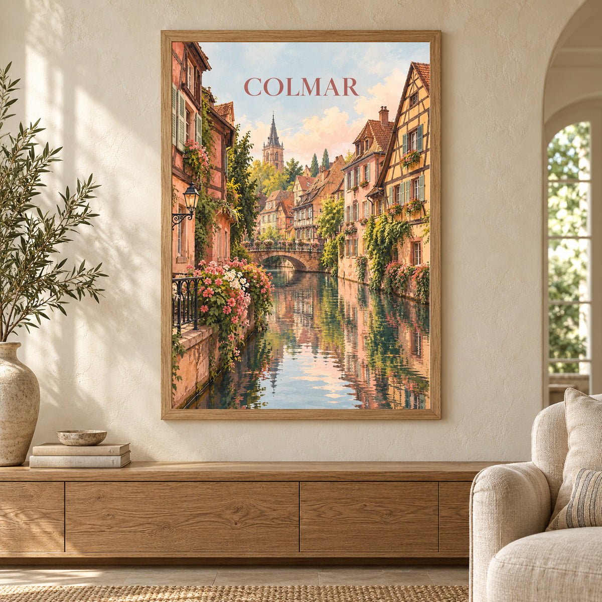 Affiche Colmar – Petite Venise – mise en situation dans un salon, cadre vendu selon l’option choisie