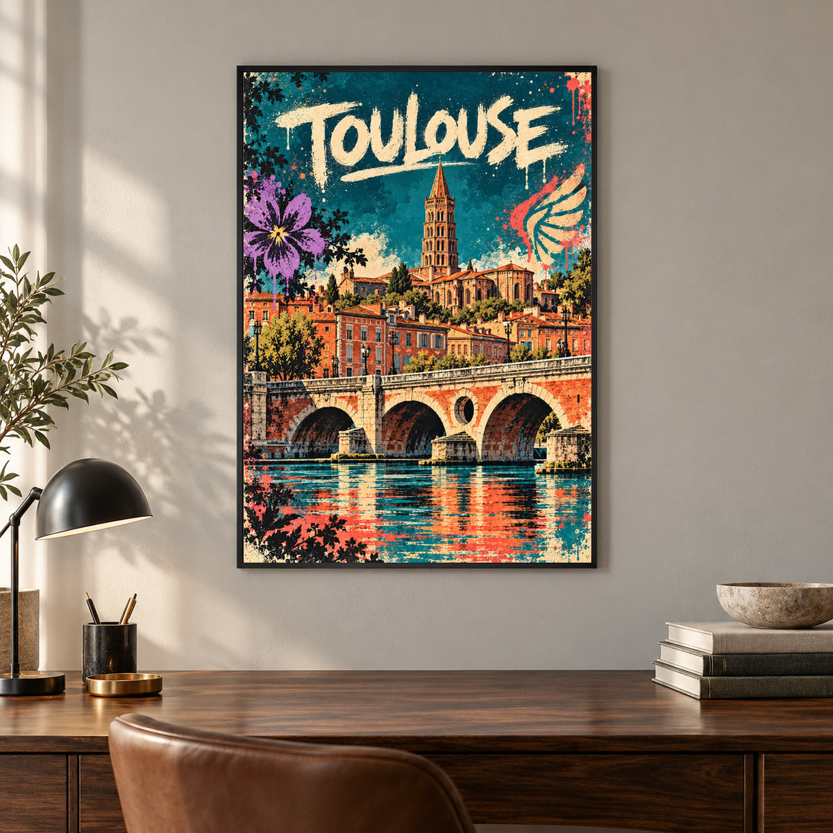 Affiche Toulouse – Ville rose en street art – mise en situation dans un bureau, cadre vendu selon l’option choisie