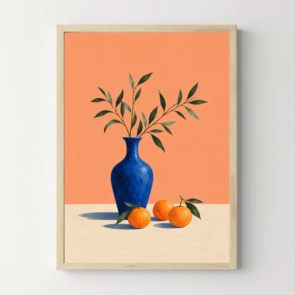 Affiche nature morte – Vase bleu et oranges — cadre bois