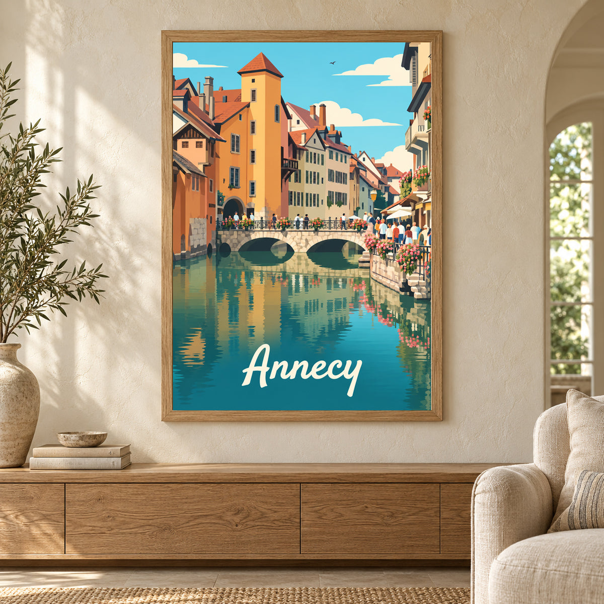 Affiche ville - Annecy, les canaux du Thiou – mise en situation dans un salon, cadre vendu selon l’option choisie