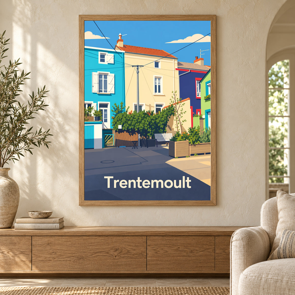 Affiche ville - Trentemoult, les maisons colorées – mise en situation dans un salon, cadre vendu selon l’option choisie