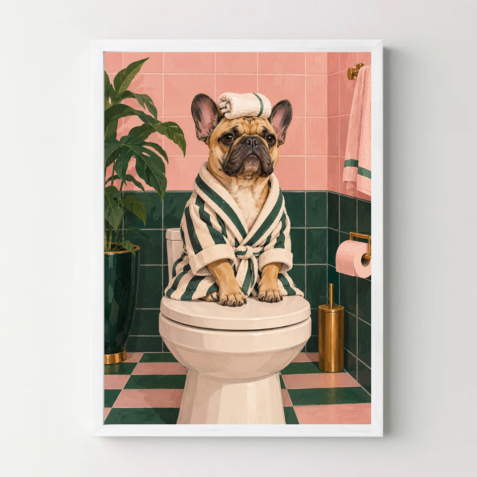 Affiche WC bouledogue spa – cadre blanc