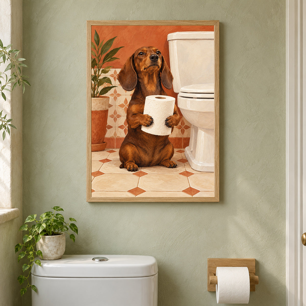 Affiche WC teckel – Le gardien du rouleau – mise en situation dans des toilettes, cadre vendu selon l’option choisie